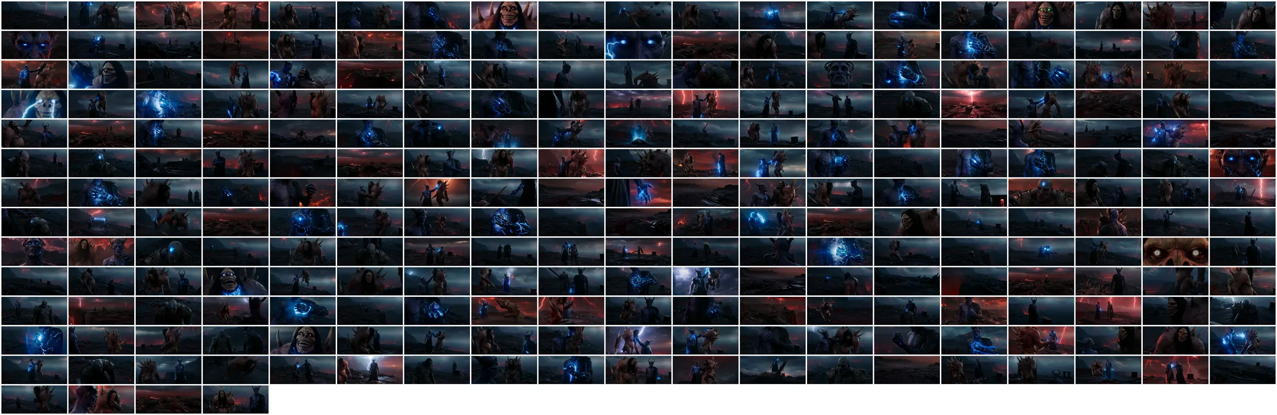 A grid of 251 frames from cold-open generations, showing many near-identical hellscape compositions and the same blue-lightning character again and again