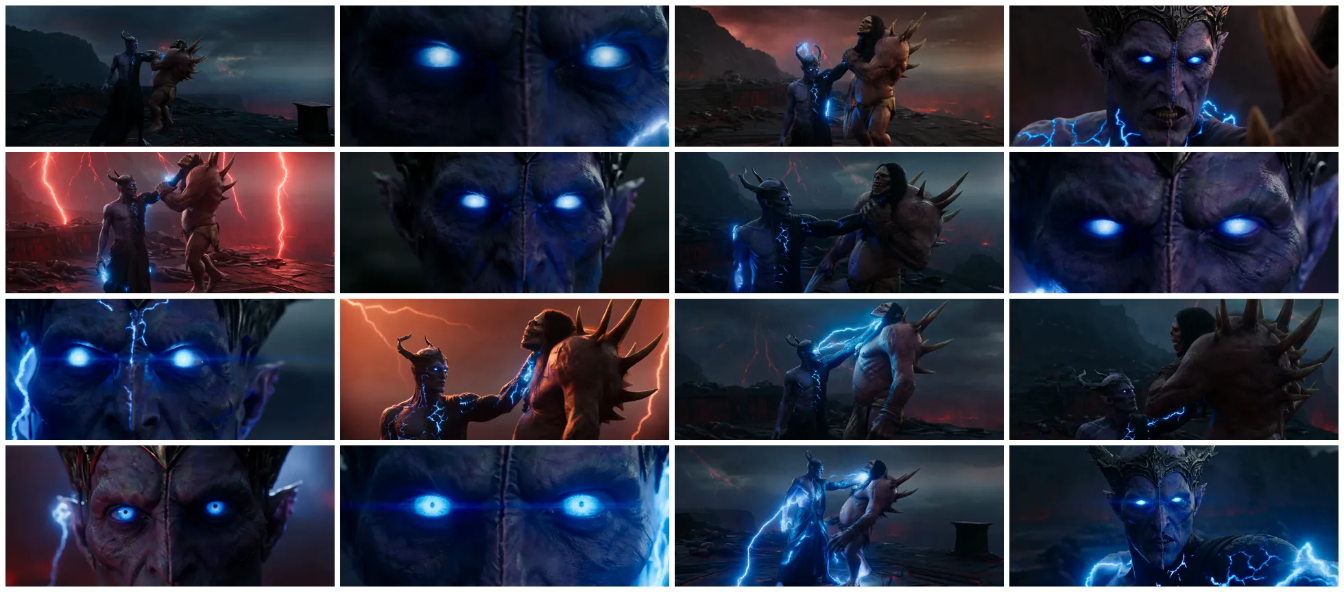 Sixteen frames from sixteen rolls of one unchanged prompt: shot size, composition, lighting and lightning colour differ in every frame, while the character's glowing blue eyes, horns and electric-blue arm cracks stay identical throughout