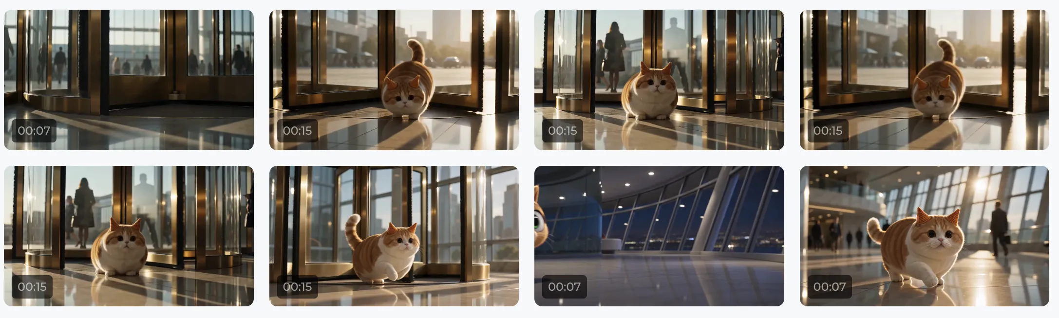 A grid of eight generated results: Meow-Tsui-Chiao-Meow in different versions of the revolving door and skyscraper lobby