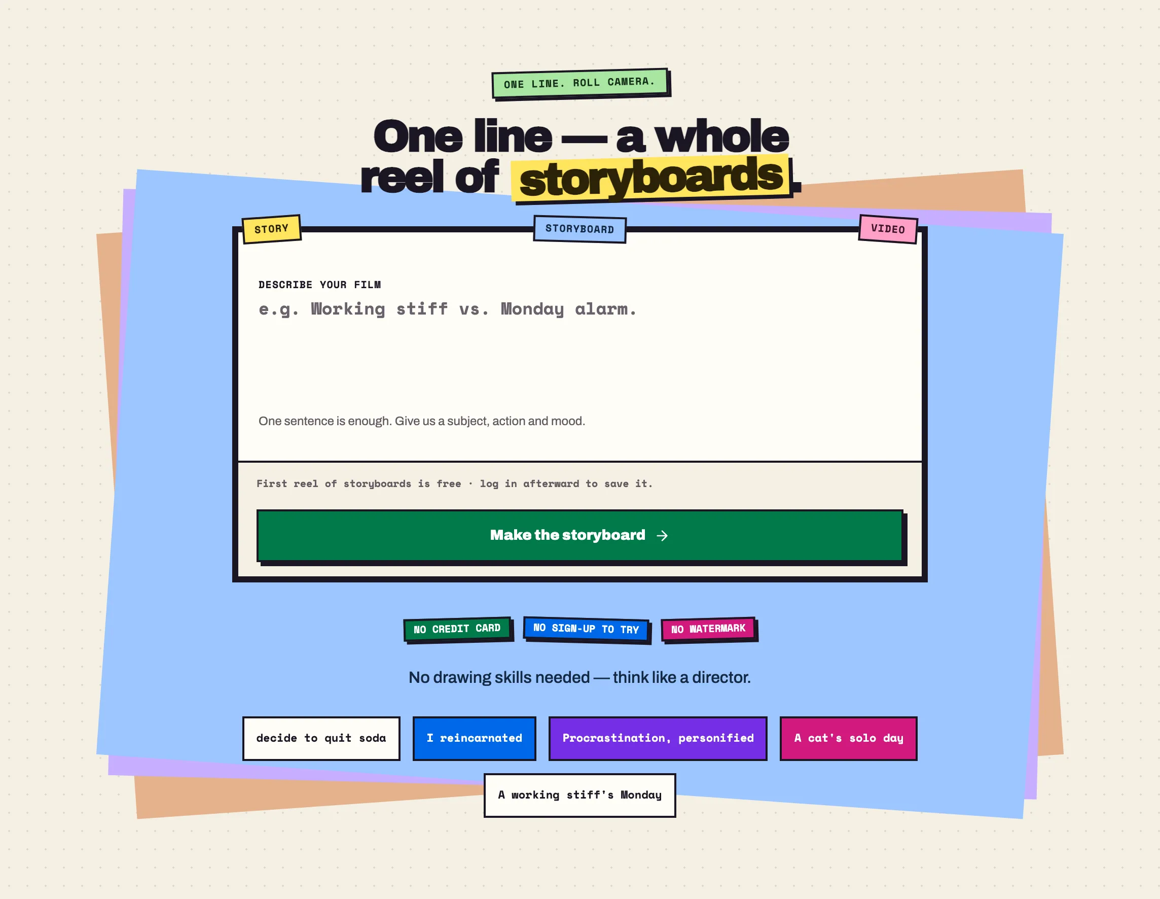 The fuse homepage hero: type one line and get a whole reel of storyboards, with no credit card, no sign-up to try and no watermark