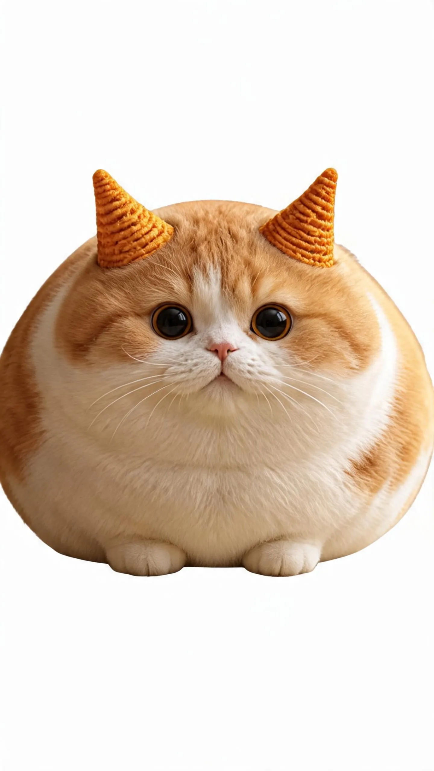 Meow-Tsui-Chiao-Meow: a perfectly round ginger-and-white cat whose two ears are Bugles corn snacks