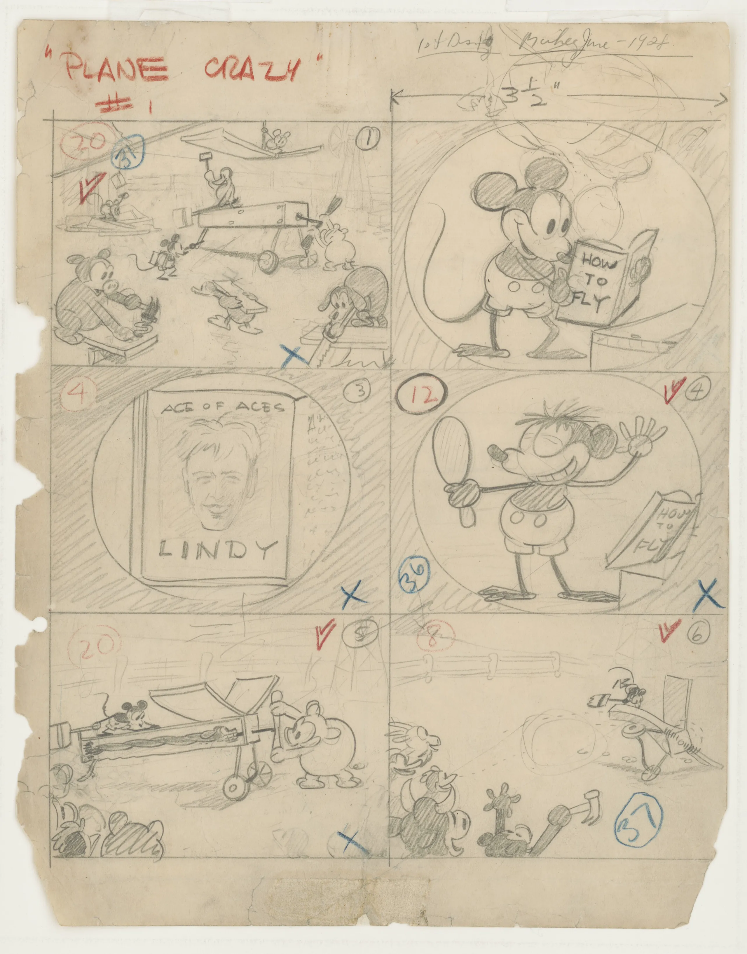 A 1928 story sketch for Plane Crazy: six pencil panels laid out on one sheet, Mickey Mouse reading a book called HOW TO FLY, several panels crossed out
