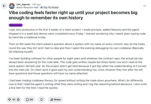 The original r/AI_Agents post: Vibe coding feels faster right up until your project becomes big enough to remember its own history (screenshot, 25 August 2026)