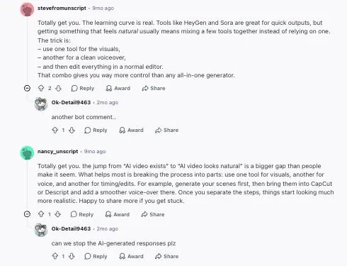 The r/generativeAI thread: under two tool recommendations, the same user replies "another bot comment.." and "can we stop the AI-generated responses plz" (screenshot, 25 August 2026)