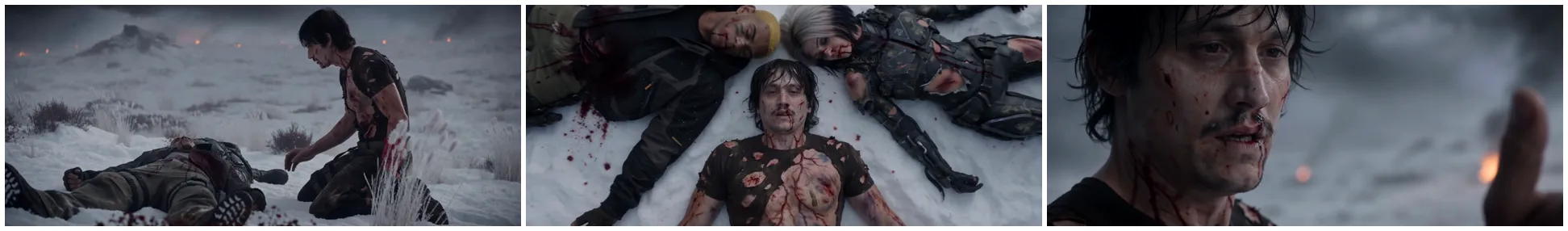 Three shots from Scene 74: a wide of the lead kneeling in snow with a body in the foreground, a top-down of three figures laid out head to head, and a close-up of the lead's bloodied face raising a white crystal
