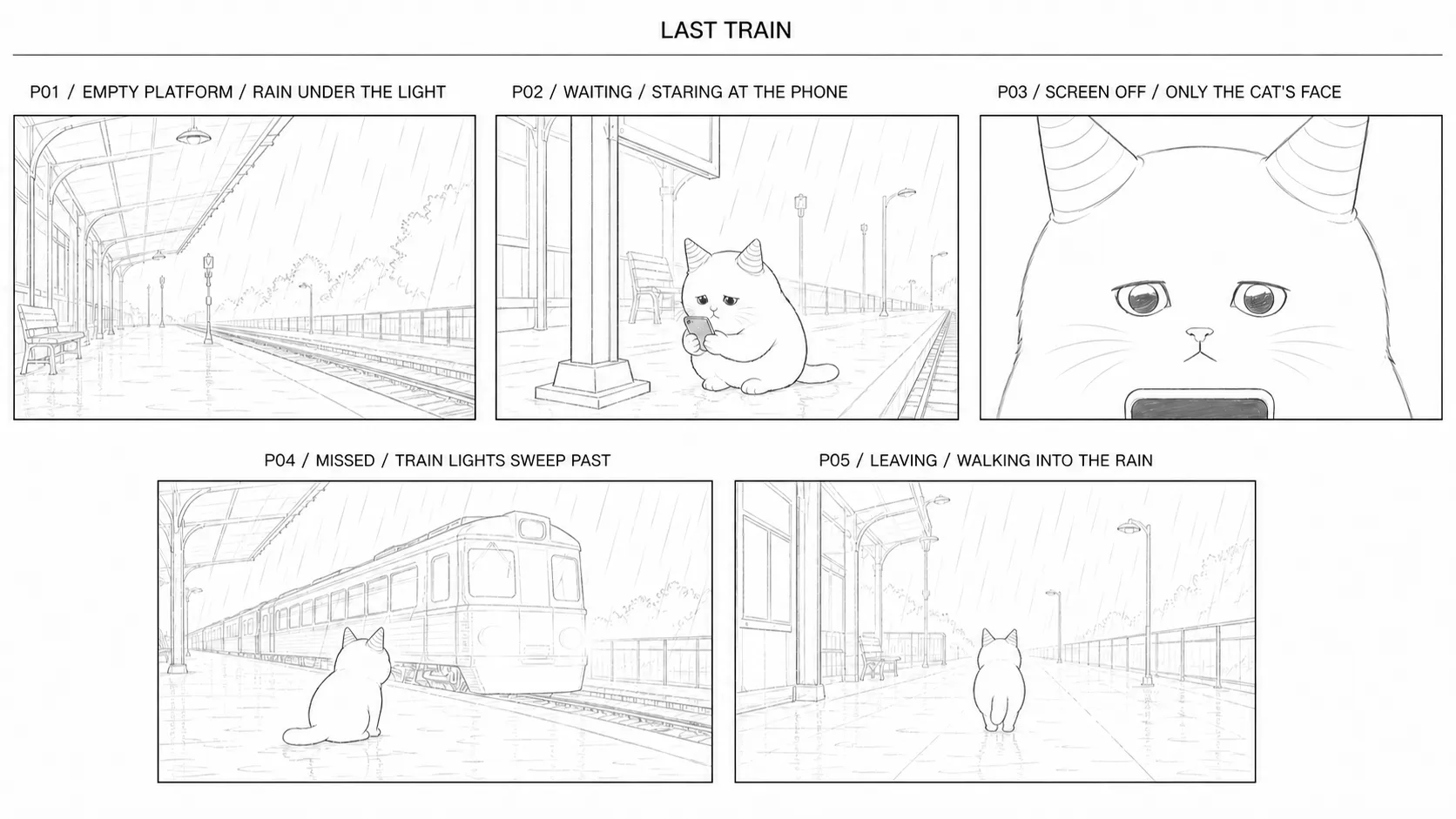 Five storyboard panels for a rainy night at the station: an empty platform under the lamps, the cat crouched by the sign staring at a phone, a close-up of its face after the screen goes dark, the last train sweeping past, and the cat walking away into the rain
