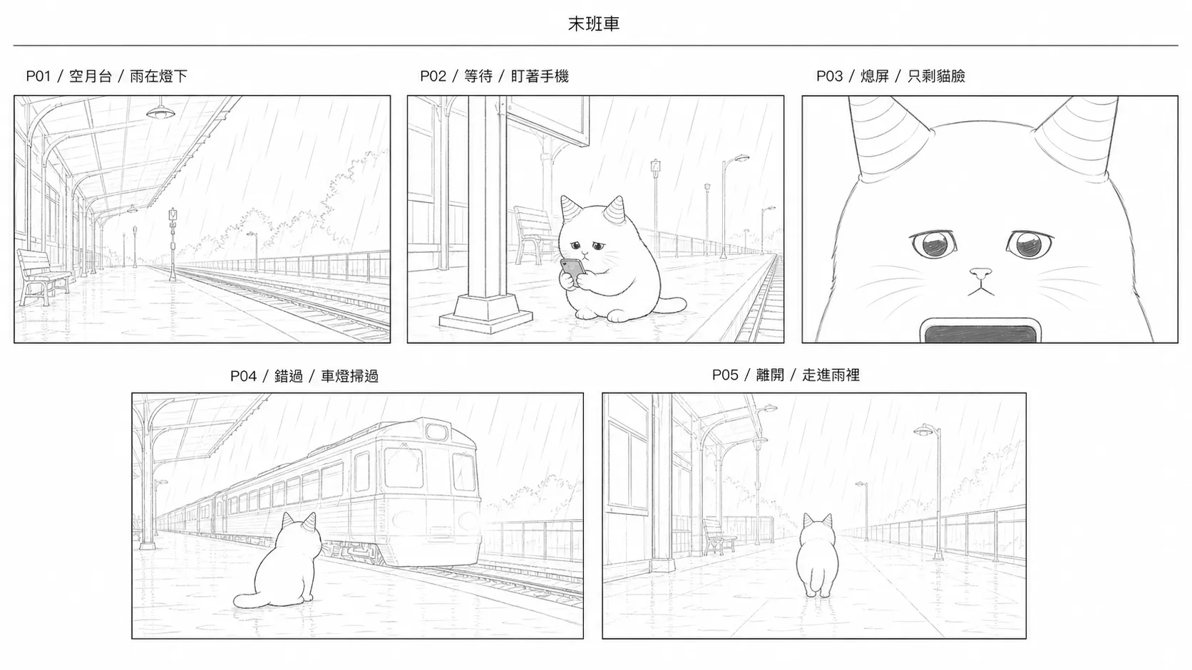 妙脆角貓雨夜車站的五格分鏡：空月台雨落燈下、蹲在站牌旁盯著手機、手機熄屏後只剩貓臉特寫、末班車車燈掃過、背影走進雨裡