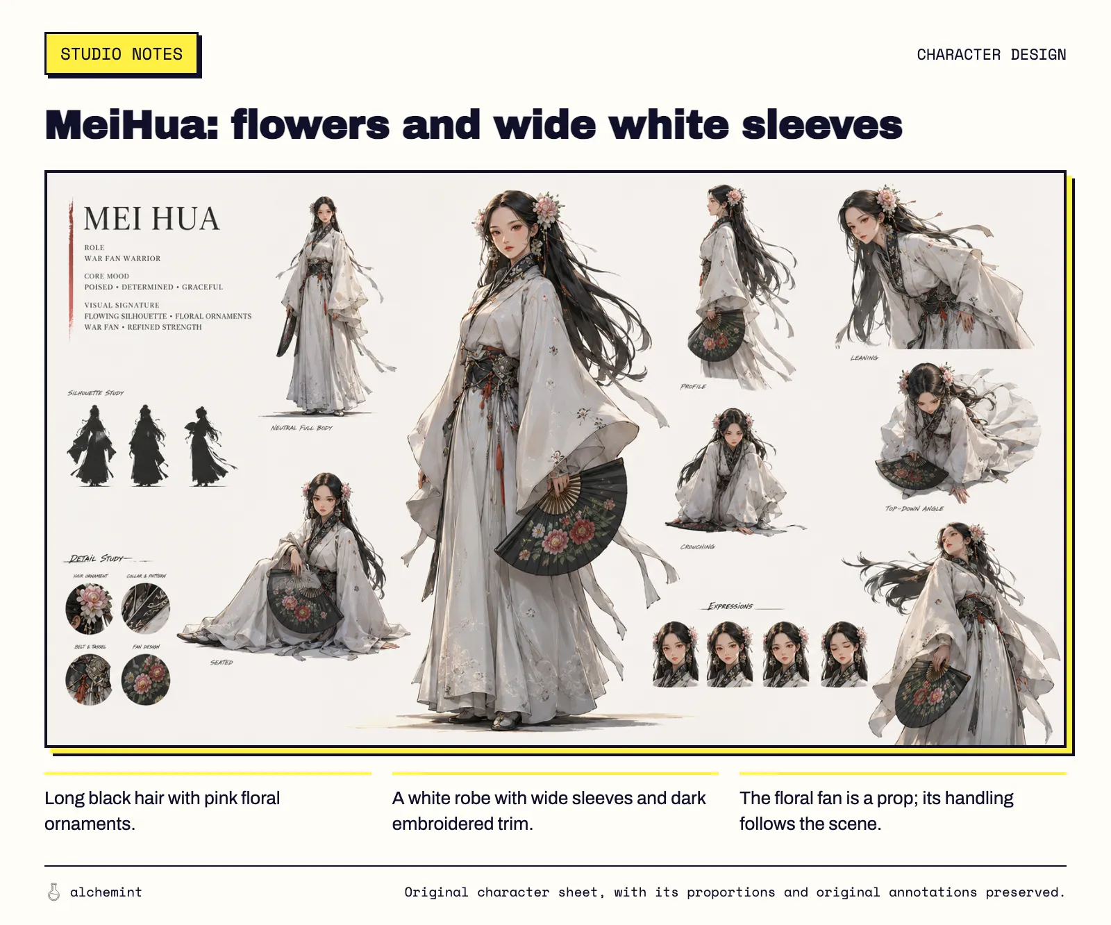 MeiHua’s character sheet shows long black hair, pink floral ornaments, a wide-sleeved white robe, dark embroidered trim and a black floral fan.