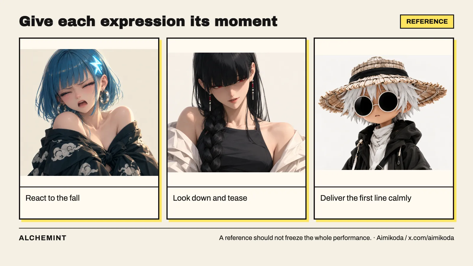Dialogue acting references: SUSEKA in pain, BIWA teasing, and WHITE speaking calmly