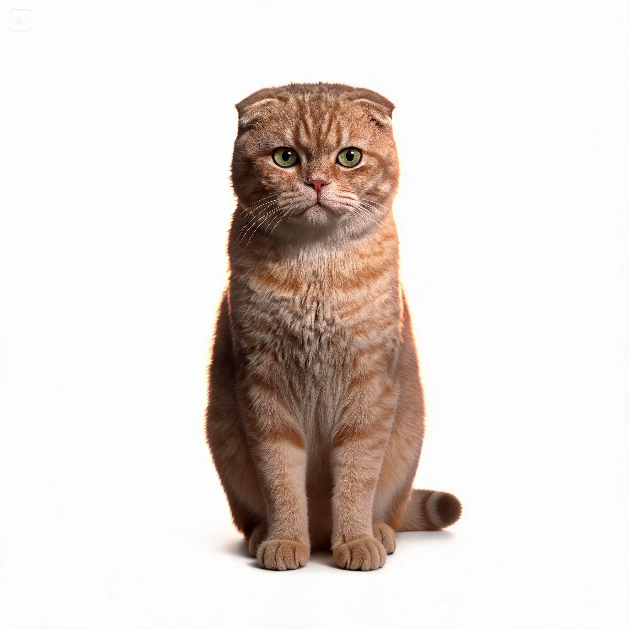 Full-body front view of the orange tabby with folded ears used as the character reference.