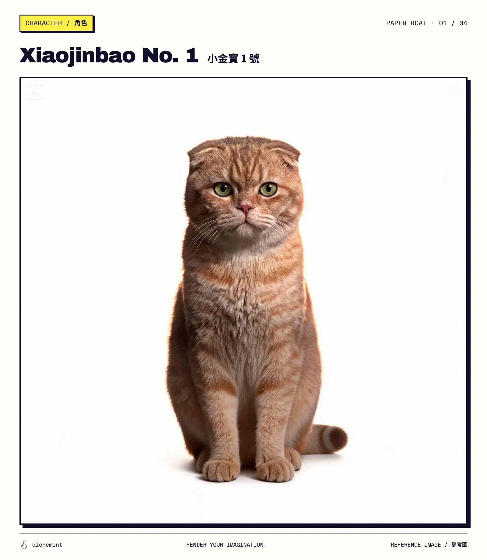 Full-body front view of the orange tabby with folded ears used as the character reference. Presented in an Alchemint reference-image poster.