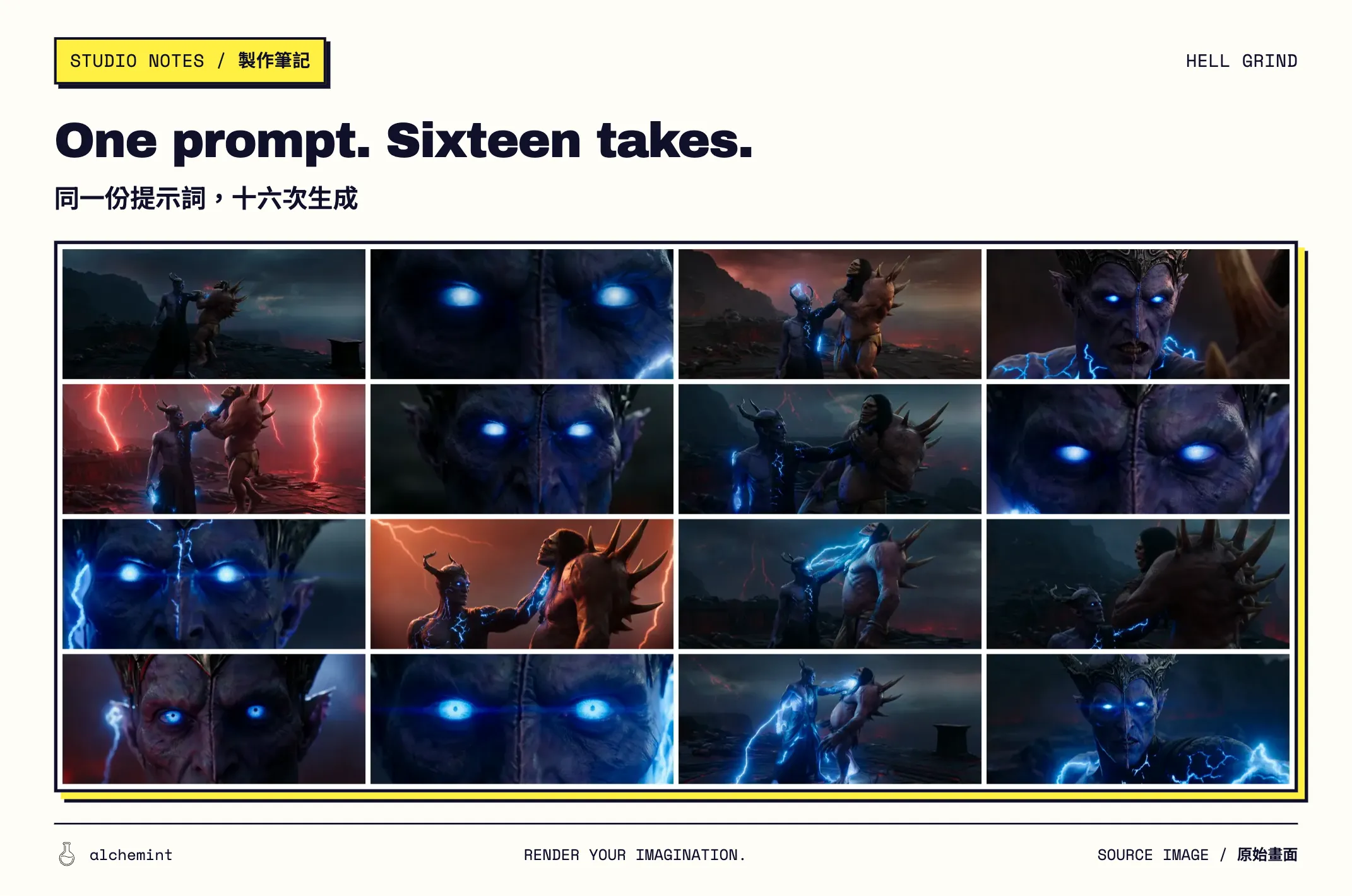 Sixteen frames from sixteen rolls of one unchanged prompt: shot size, composition, lighting and lightning colour differ in every frame, while the character's glowing blue eyes, horns and electric-blue arm cracks stay identical throughout