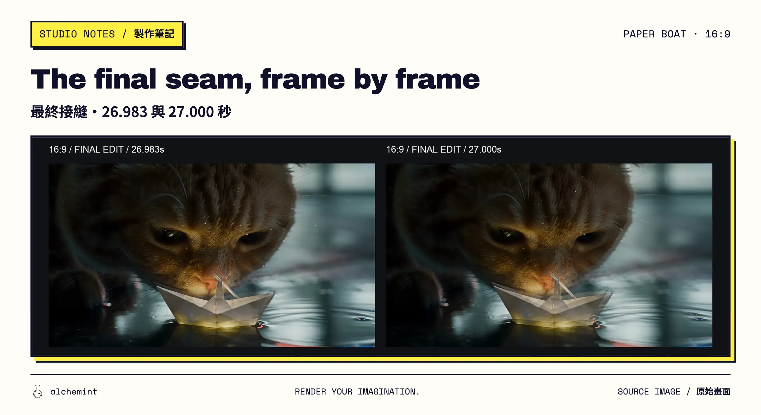 16:9 final seam comparison: frame at 26.983 seconds on the left and 27.000 seconds on the right; boat and water shift slightly.