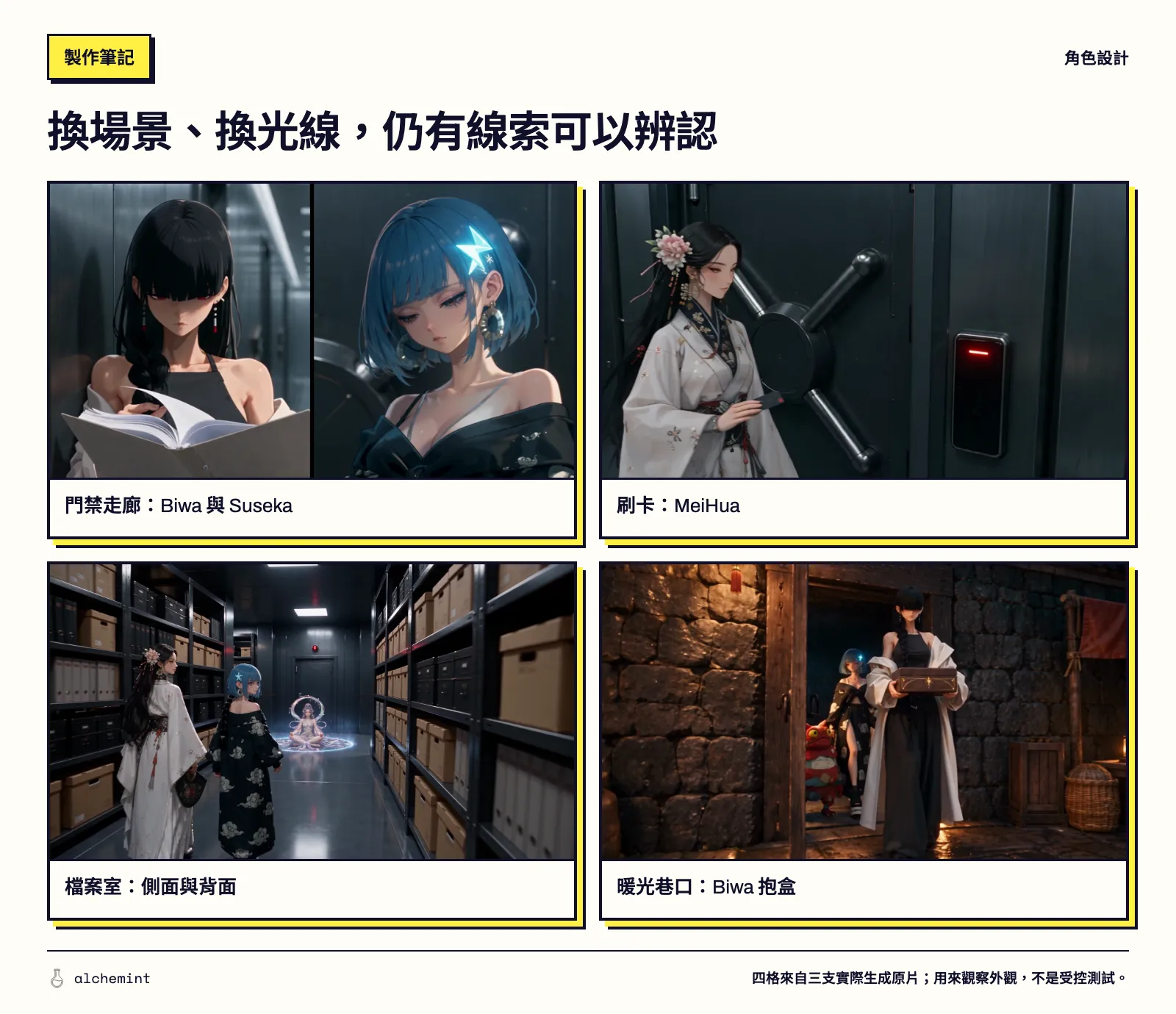 三支生成原片的四格對照：門禁處的 Biwa 和 Suseka、刷卡的 MeiHua、檔案室背影，以及暖光巷口抱盒的 Biwa。