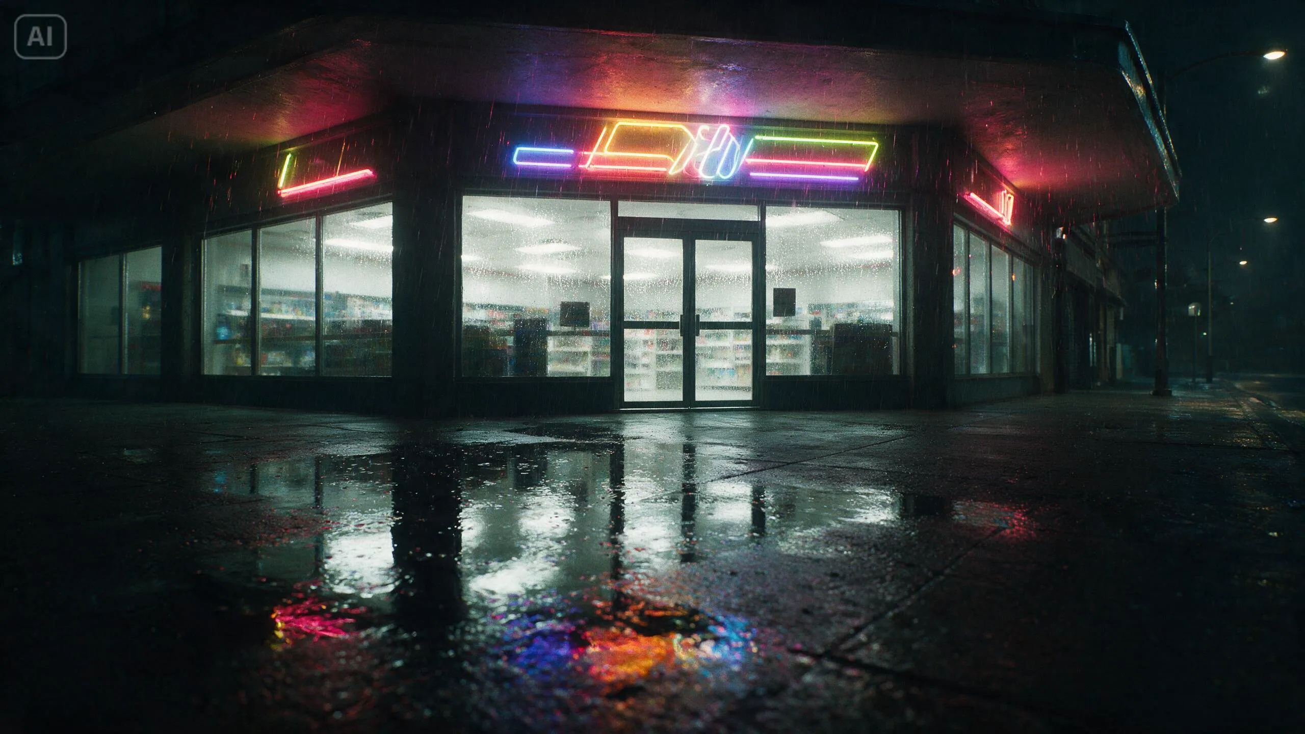 Corner convenience store at night with glass walls, neon tubes and reflections in the wet pavement.