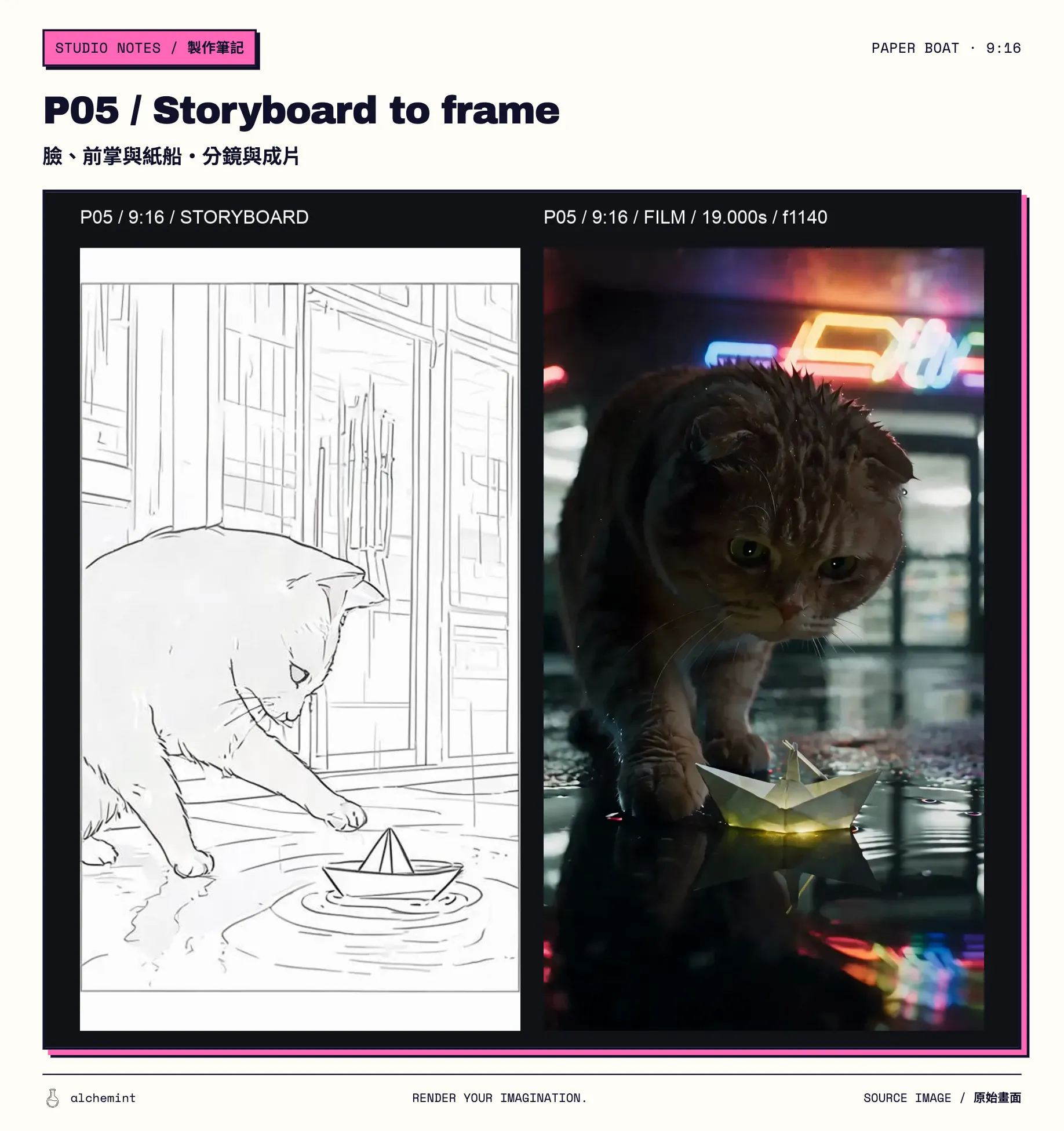 P05 9:16 comparison: storyboard on the left and final-film frame at 19.000 seconds on the right; face, paw and boat share the central axis.