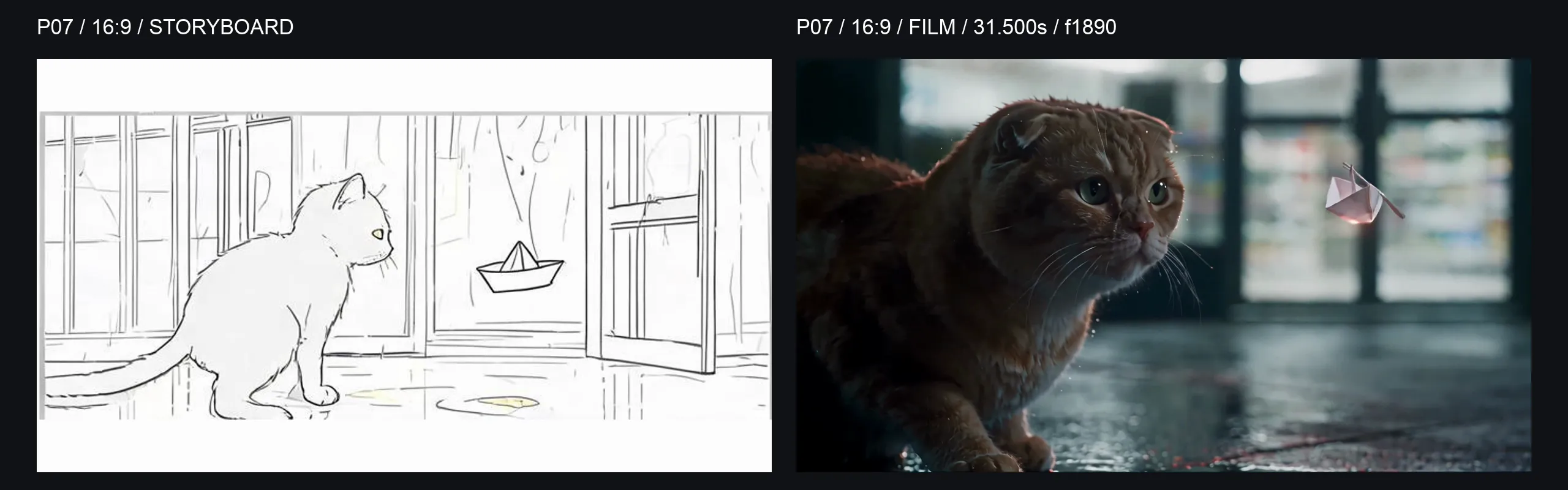 P07 16:9 comparison: storyboard on the left and final-film frame at 31.500 seconds on the right; the boat rises as the cat follows with its head.