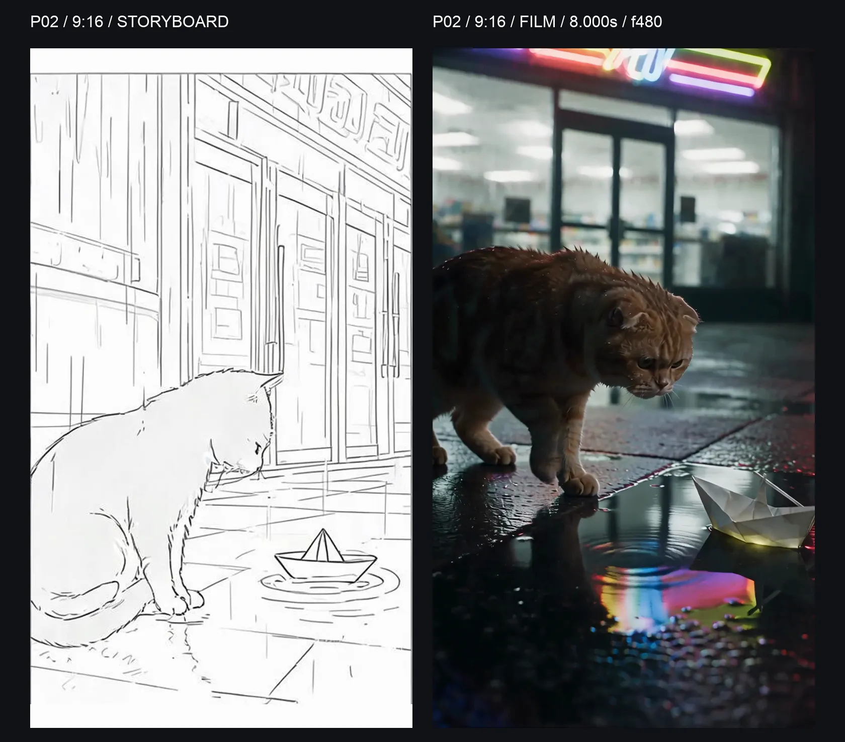 P02 9:16 side-by-side comparison: storyboard on the left and the final-film frame at 8.000 seconds on the right; the cat and boat preserve the storyboard relationship.