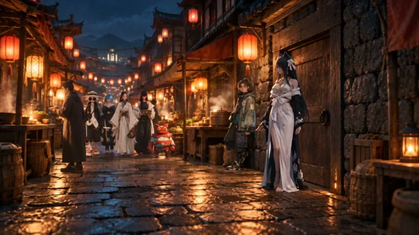 夜市後巷的固定寬景：Shami 站在石牆木門旁的燈籠下，Biwa 抱著封存盒與隊員站在巷子中段。