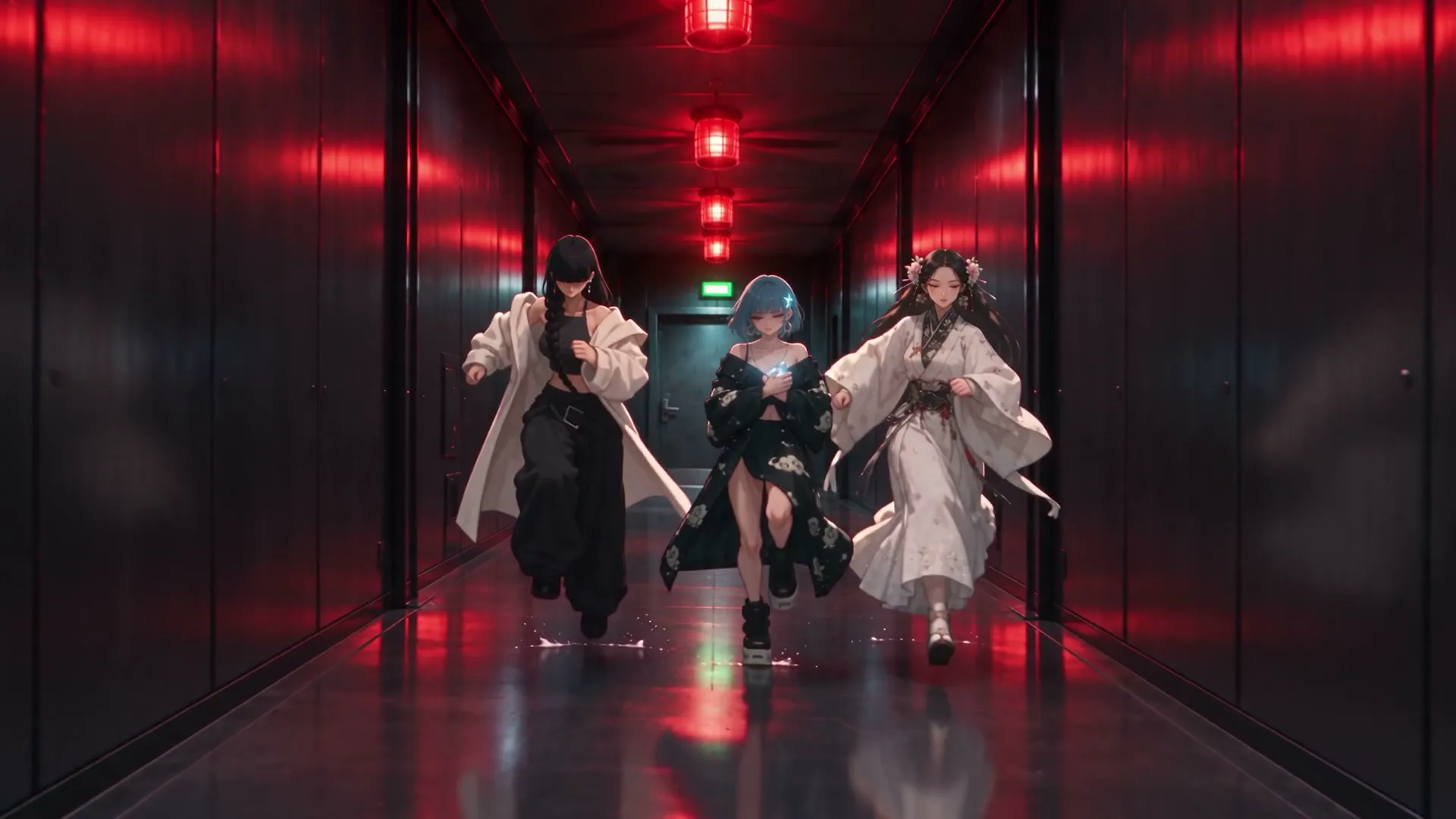 Biwa、Suseka、MeiHua 在紅色警報燈下的走廊，朝後退的鏡頭狂奔。