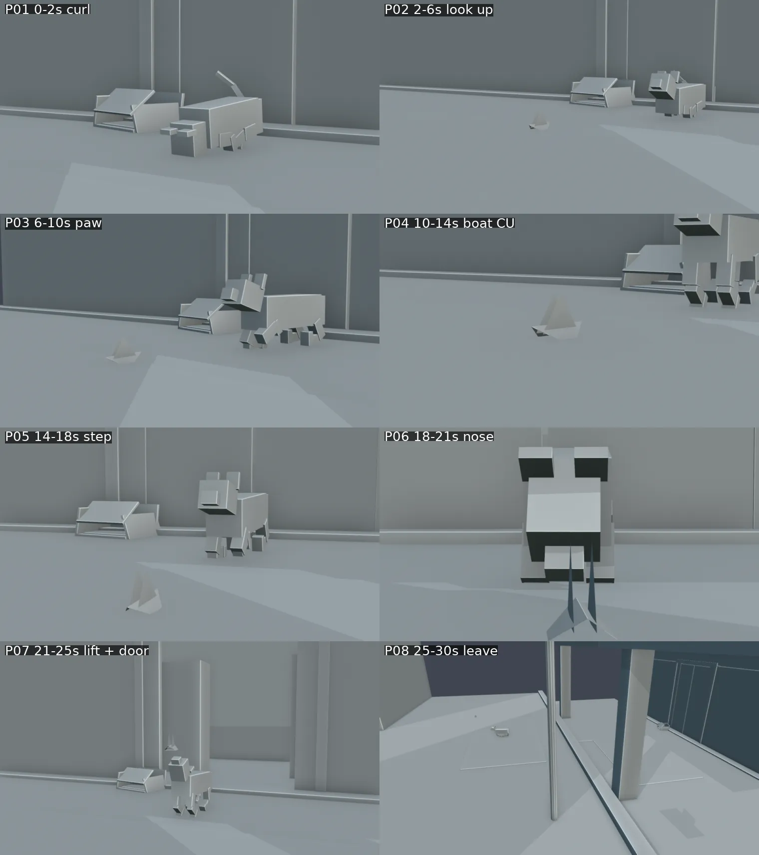 Eight-panel Blender blockout showing the cat, paper boat, box, storefront, street and camera positions as simple grey geometry.