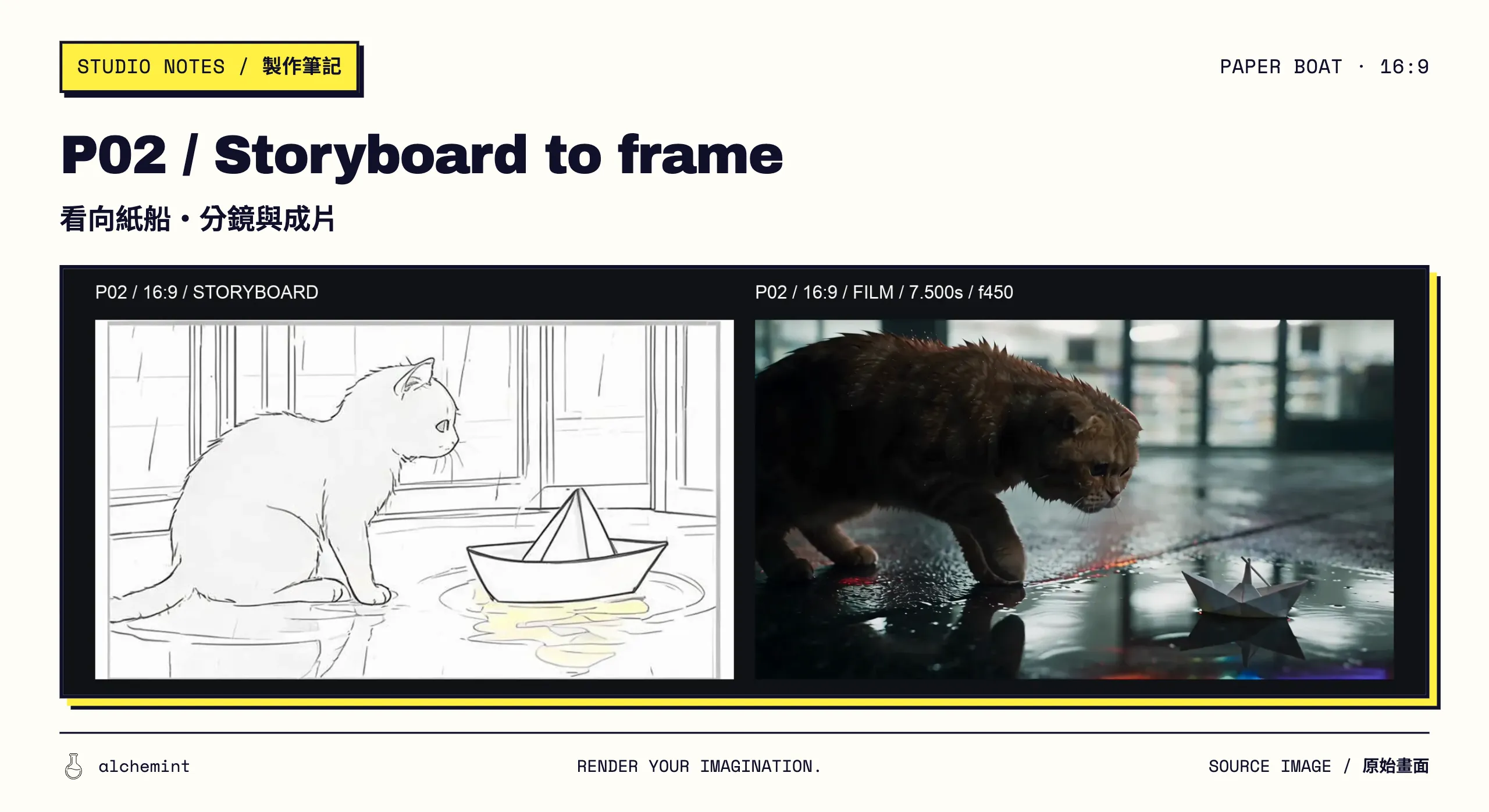 P02 16:9 side-by-side comparison: storyboard on the left and the final-film frame at 7.500 seconds on the right; the cat is on the left, boat on the right, with the forepaw preparing to reach.