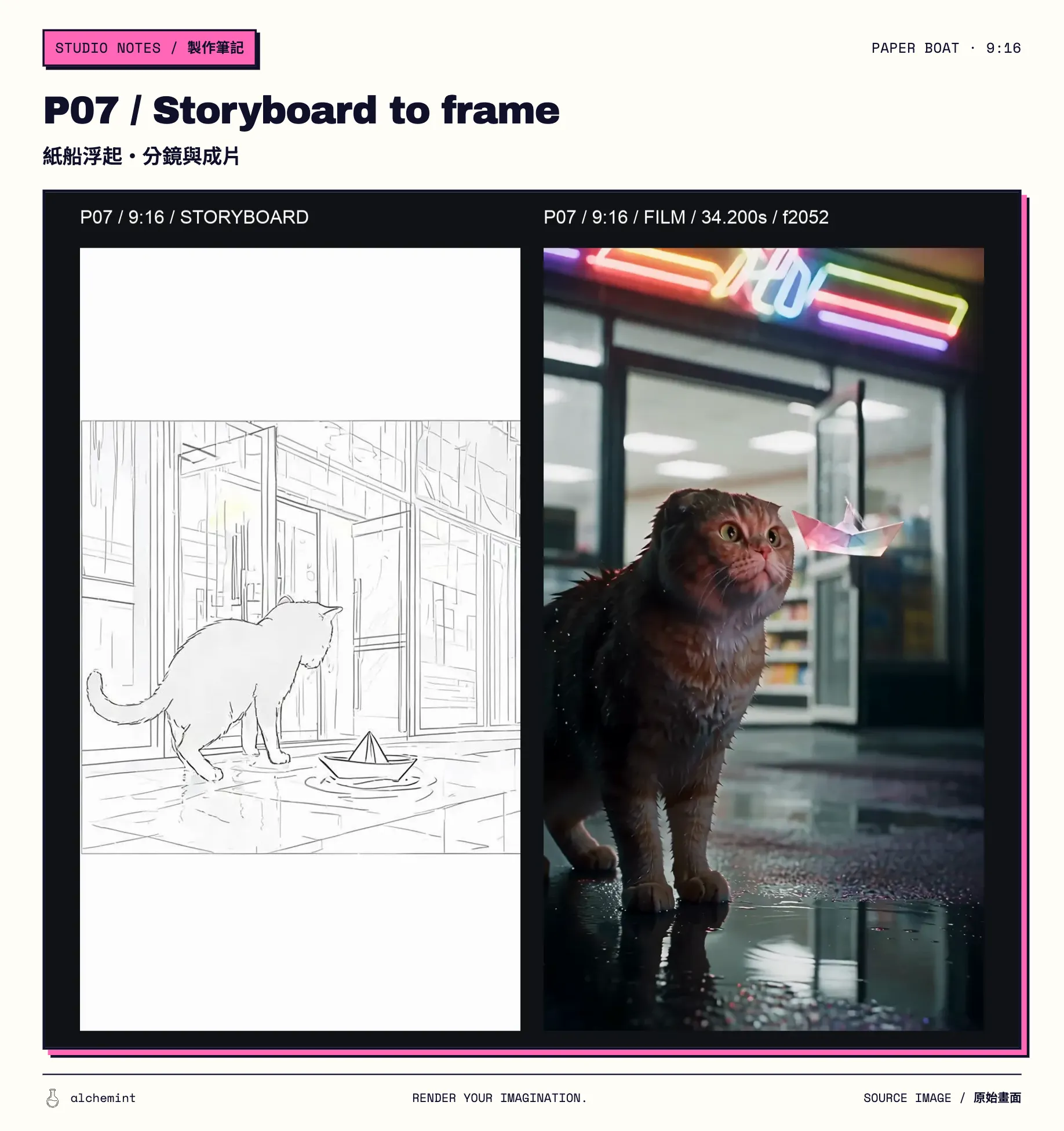 P07 9:16 comparison: storyboard on the left and final-film frame at 34.200 seconds on the right; the open door, full cat and airborne boat share the frame.