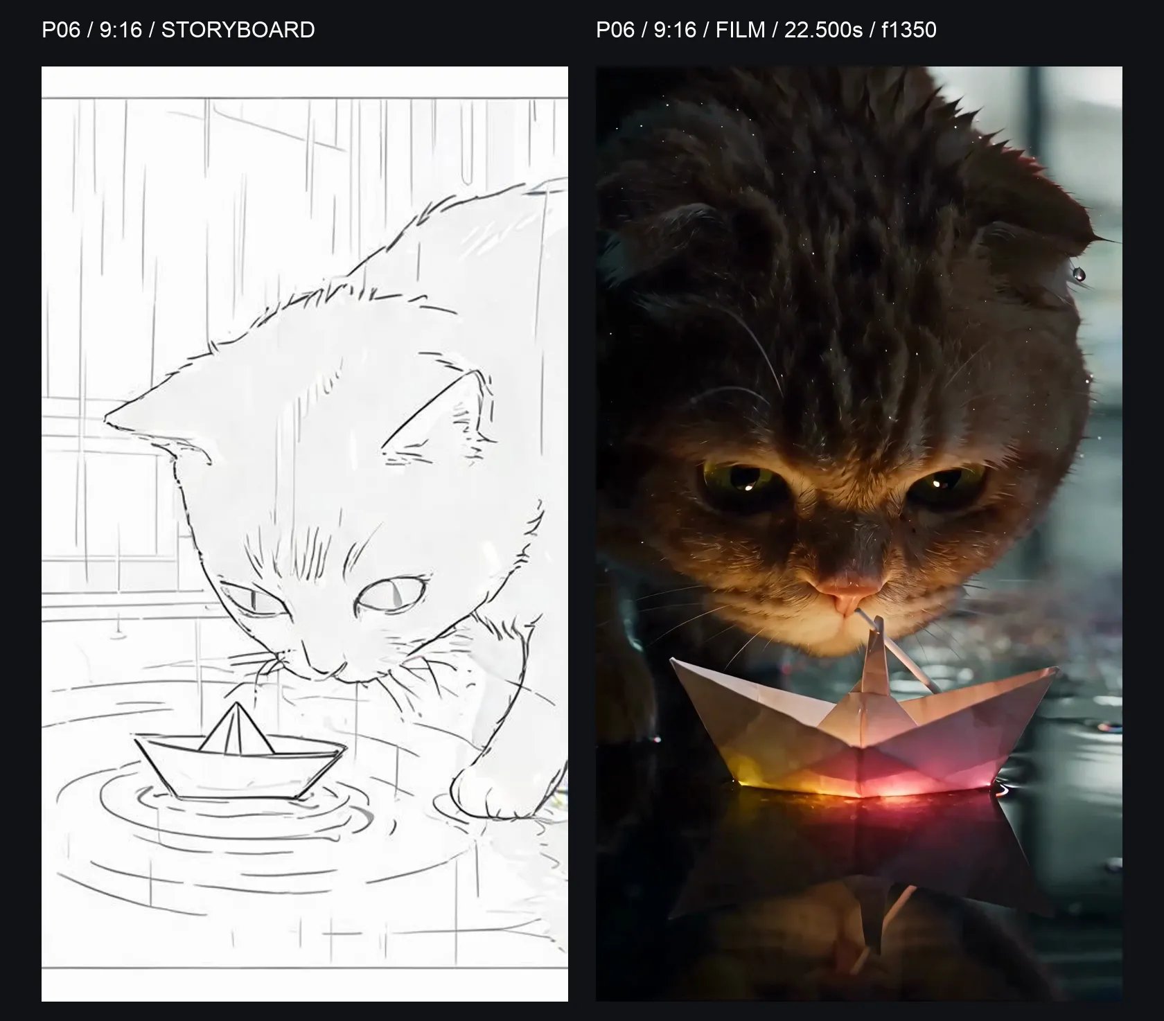 P06 9:16 comparison: storyboard on the left and final-film frame at 22.500 seconds on the right; cat, coloured boat and reflection align vertically.