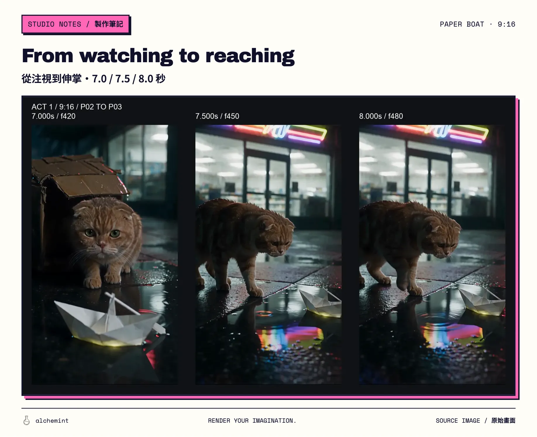 9:16 Act 1 strip at 7.000, 7.500 and 8.000 seconds; P02’s cat-and-boat relationship continues as P03 begins.