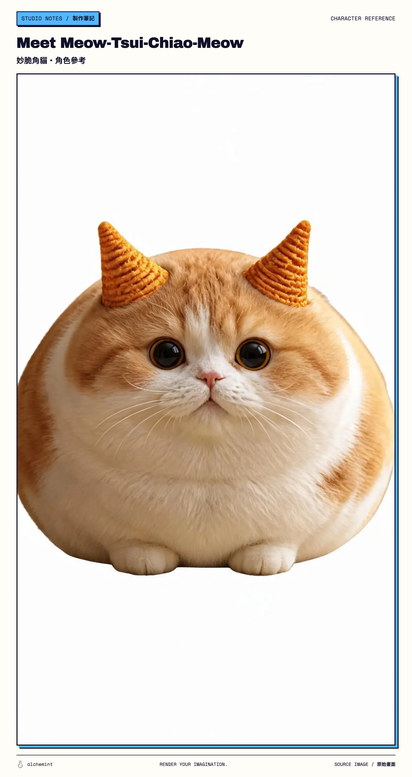 Meow-Tsui-Chiao-Meow: a perfectly round ginger-and-white cat whose two ears are Bugles corn snacks