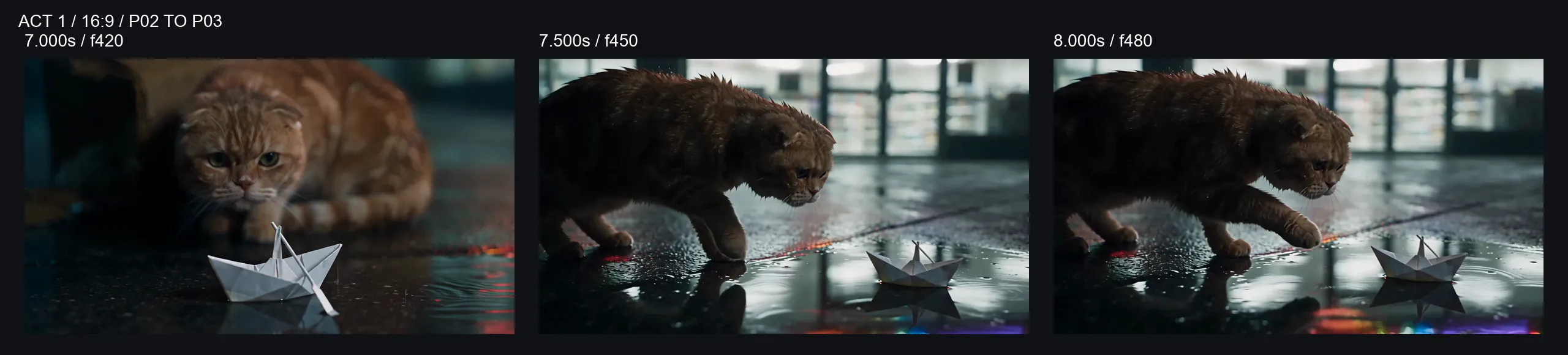 16:9 Act 1 strip at 7.000, 7.500 and 8.000 seconds; the cat moves from watching the boat into raising a paw.