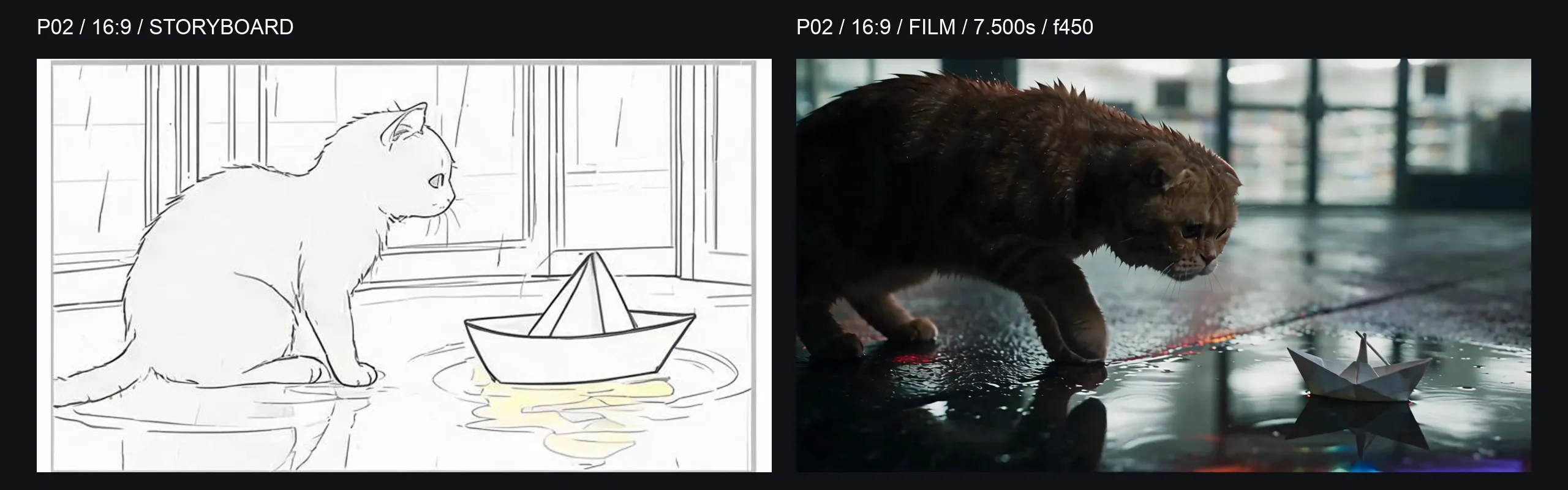 P02 16:9 side-by-side comparison: storyboard on the left and the final-film frame at 7.500 seconds on the right; the cat is on the left, boat on the right, with the forepaw preparing to reach.