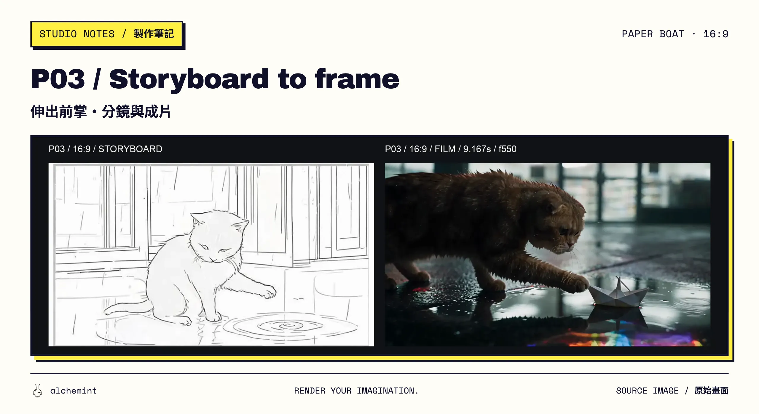 P03 16:9 side-by-side comparison: storyboard on the left and the final-film frame at 9.167 seconds on the right; the cat lowers its body and reaches toward the boat.