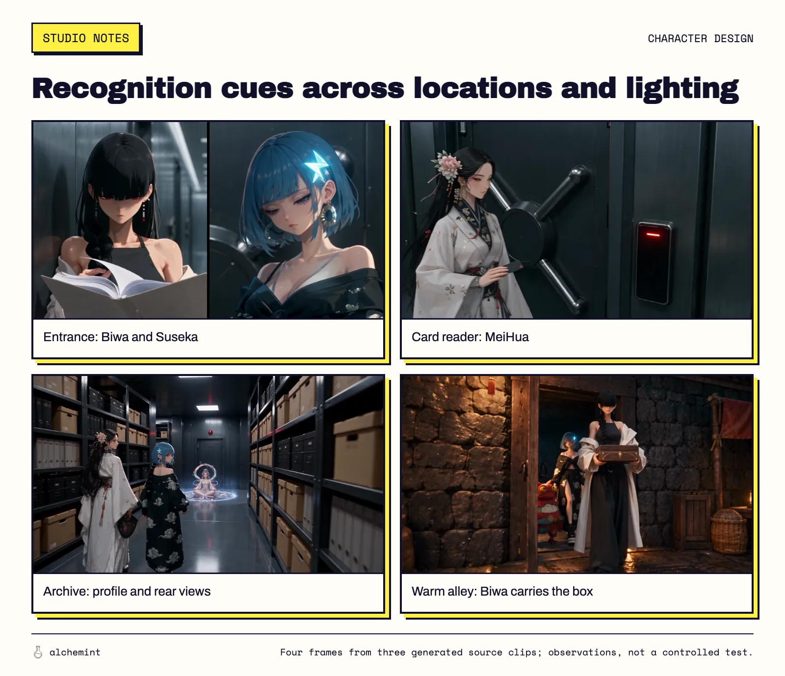 Four frames from three generated clips: Biwa and Suseka at the entrance, MeiHua at the card reader, rear views in the archive and Biwa carrying a box into a warm alley.