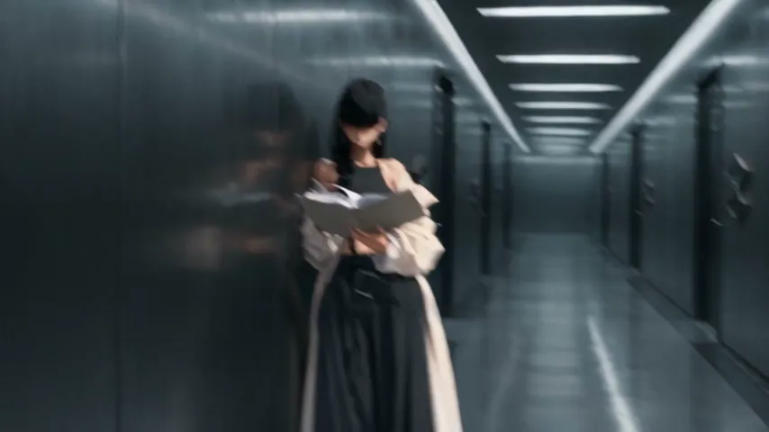 畫面從地上的門卡急轉，經過一段動態模糊後停在走廊中段的 Biwa。