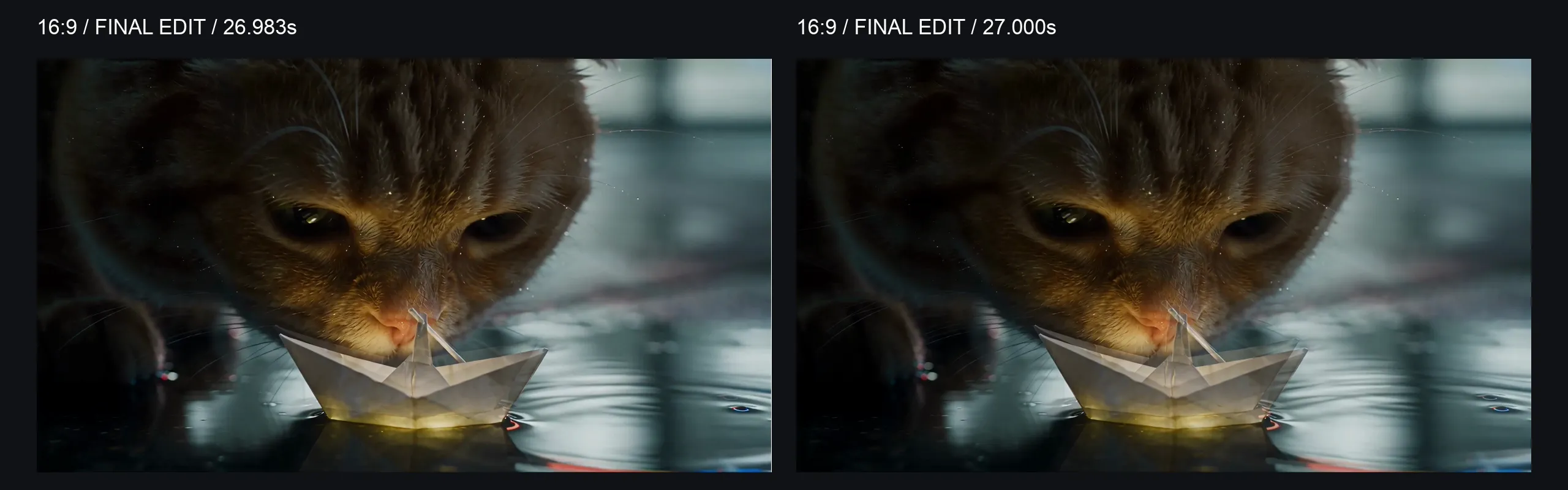 16:9 final seam comparison: frame at 26.983 seconds on the left and 27.000 seconds on the right; boat and water shift slightly.