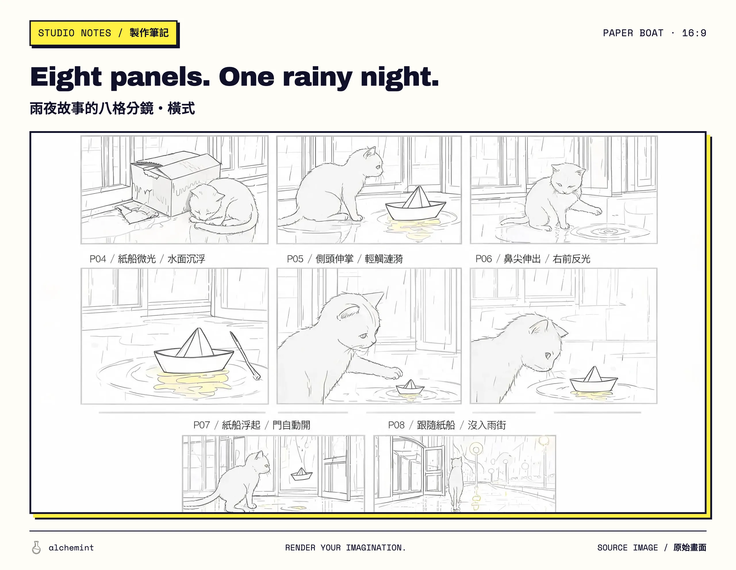 Landscape eight-panel storyboard showing the cat beside the ruined box, the boat approaching and glowing, the cat testing the water, the boat lifting and both subjects leaving for the rainy street.