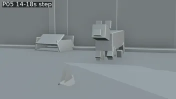 P05 Blender blockout: medium view of the cat, box and paper boat.