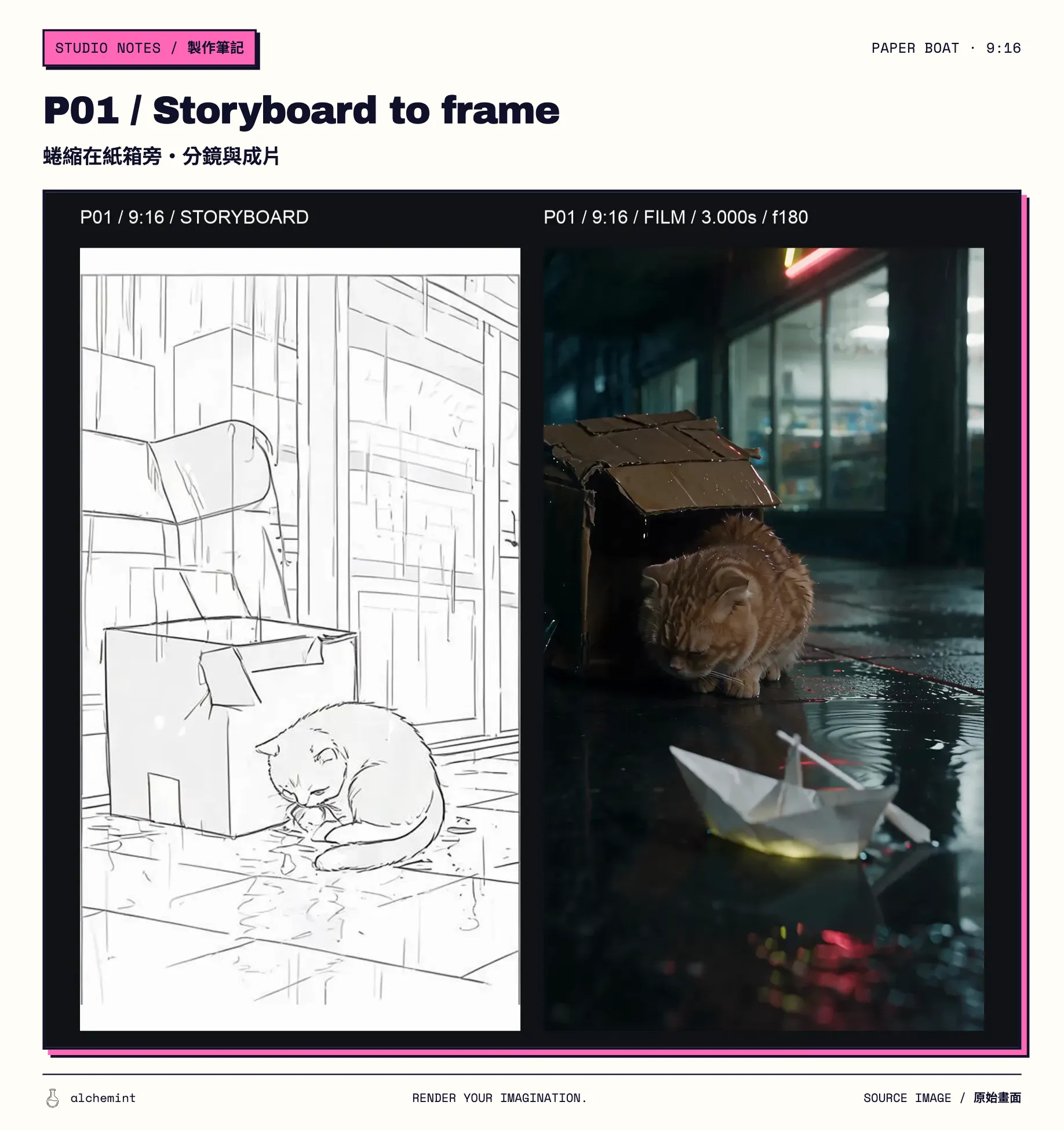 P01 9:16 side-by-side comparison: formal storyboard on the left and the boundary frame at 3.000 seconds on the right; the cat remains curled while the paper boat has entered the foreground.