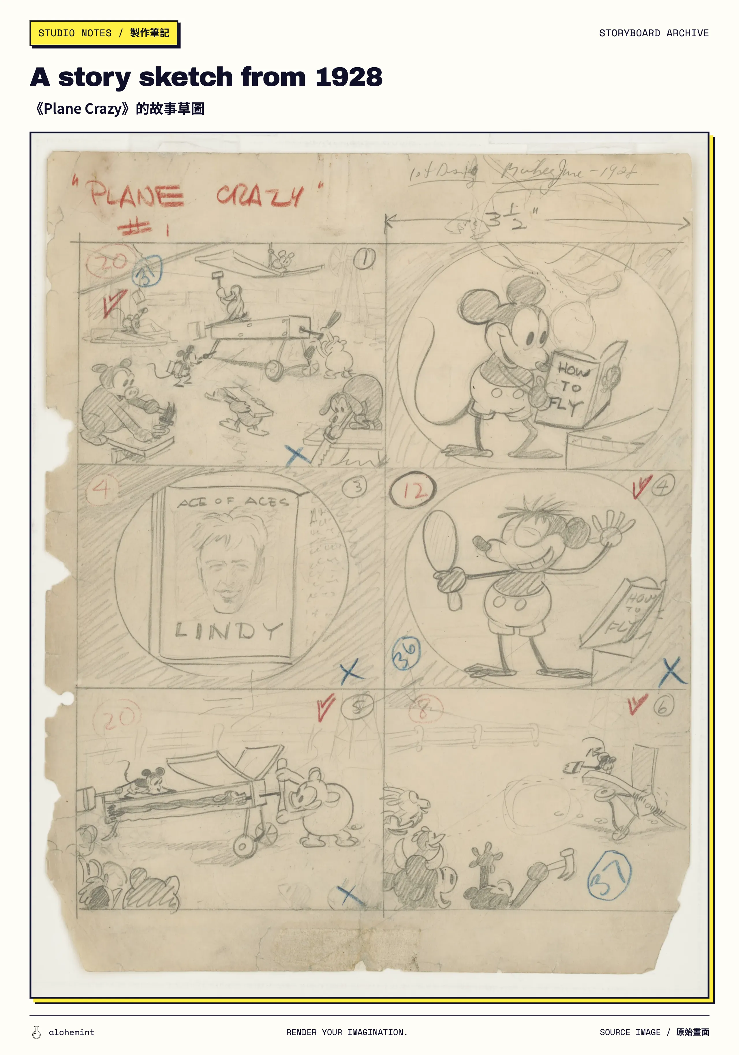 A 1928 story sketch for Plane Crazy: six pencil panels laid out on one sheet, Mickey Mouse reading a book called HOW TO FLY, several panels crossed out