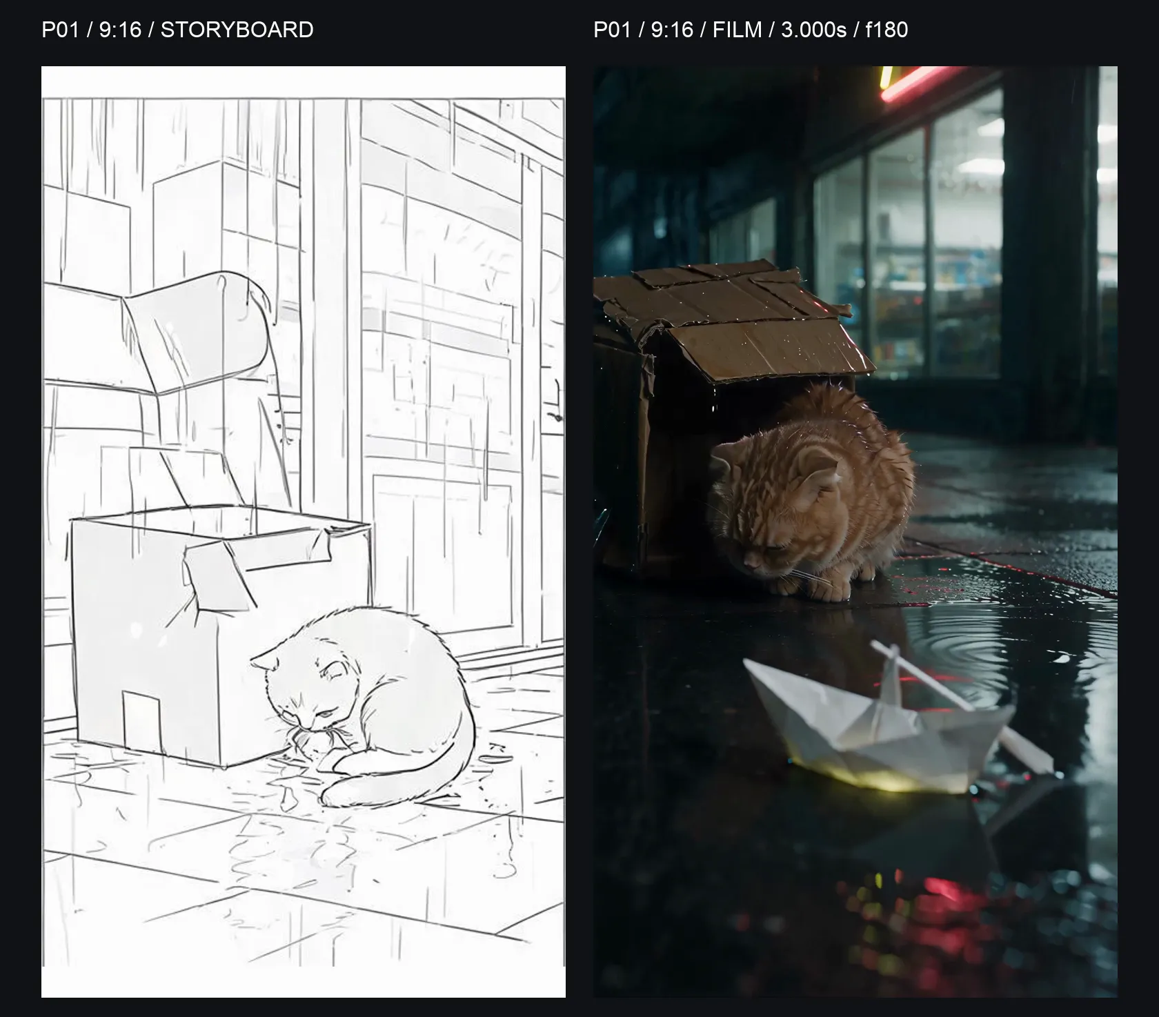 P01 9:16 side-by-side comparison: formal storyboard on the left and the boundary frame at 3.000 seconds on the right; the cat remains curled while the paper boat has entered the foreground.