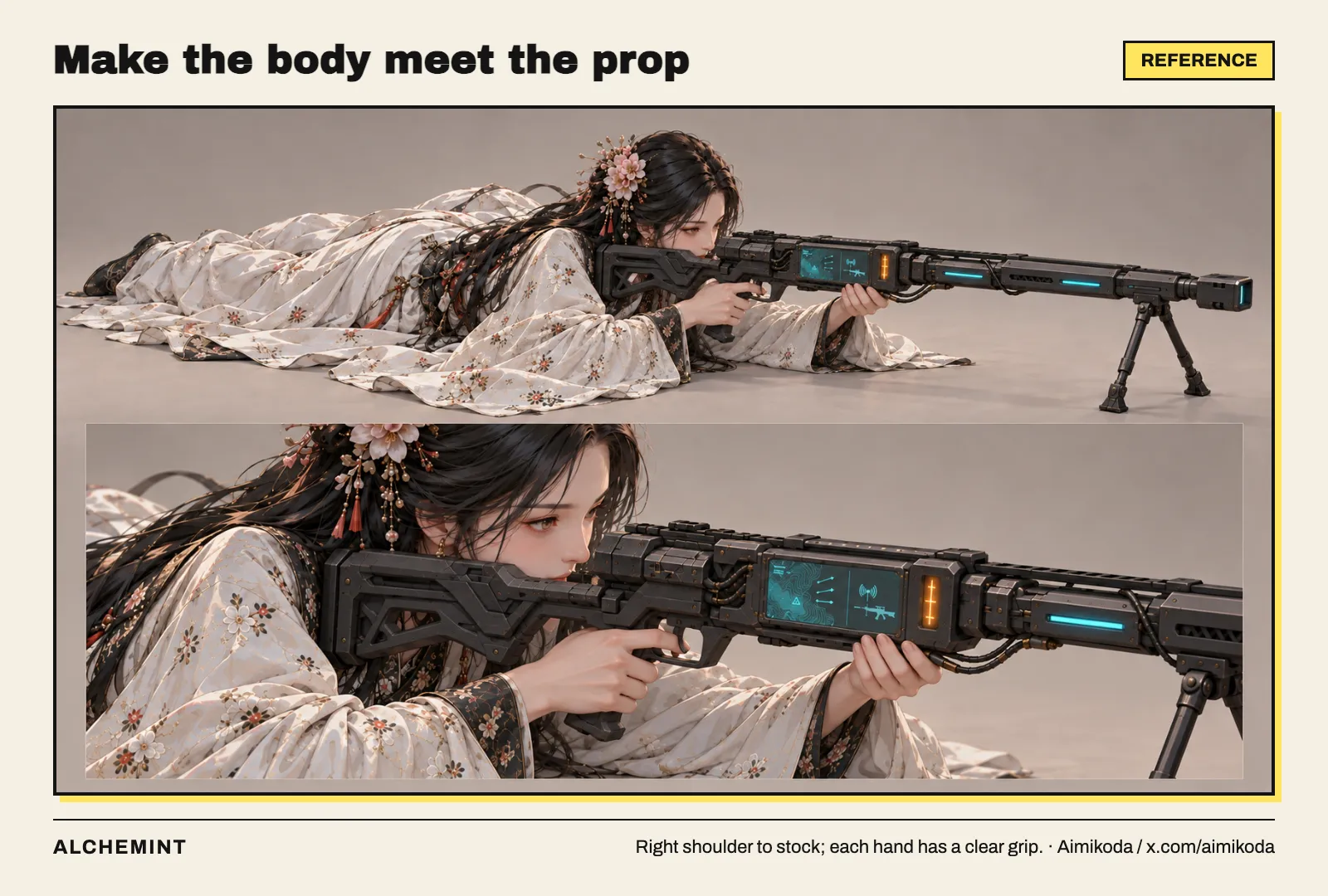 MeiHua’s prone pose with the rifle against her right shoulder
