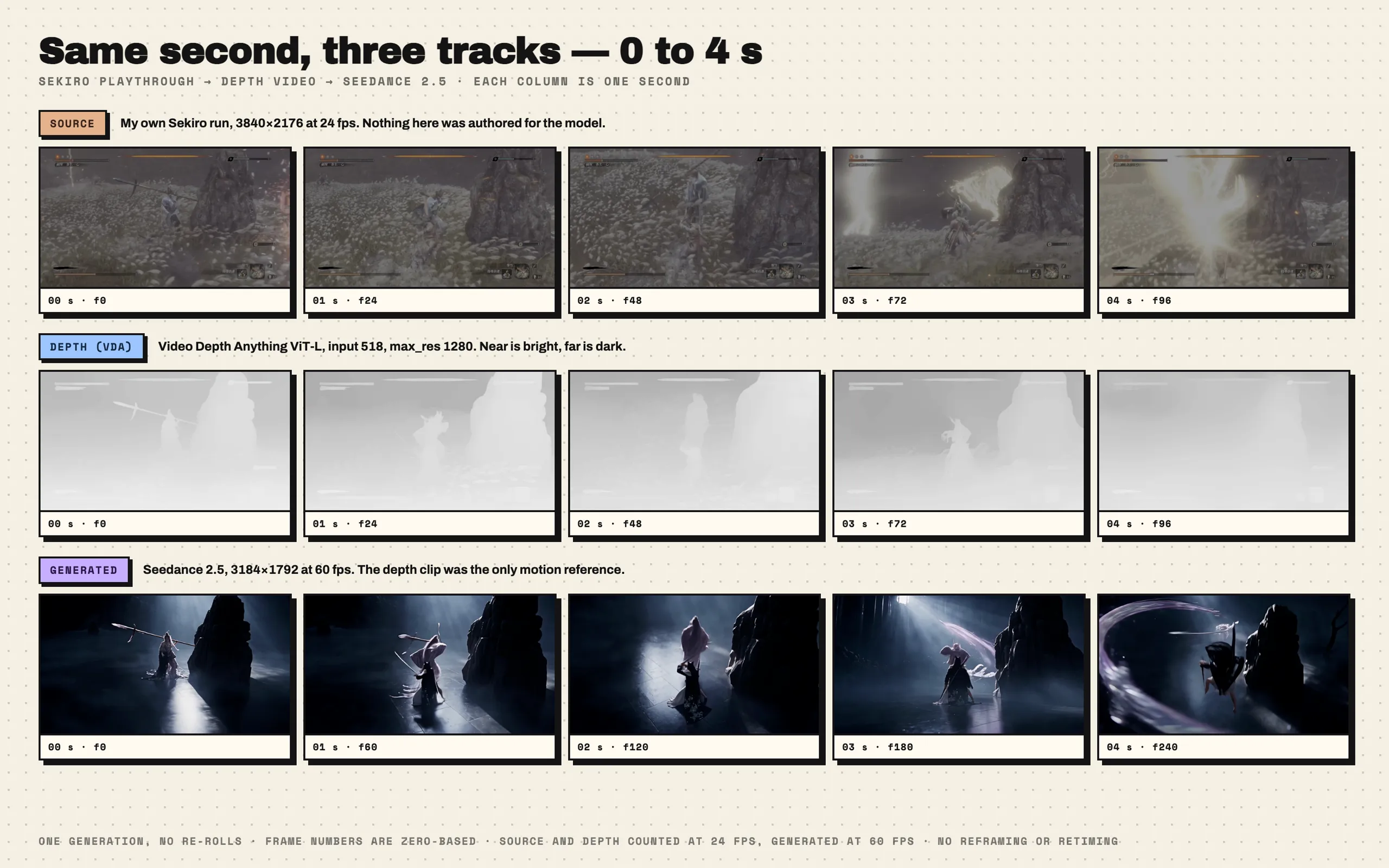 Seconds 0 to 4, three tracks: my Sekiro recording on top, the VDA depth video in the middle, the Seedance 2.5 output below, one second per column.