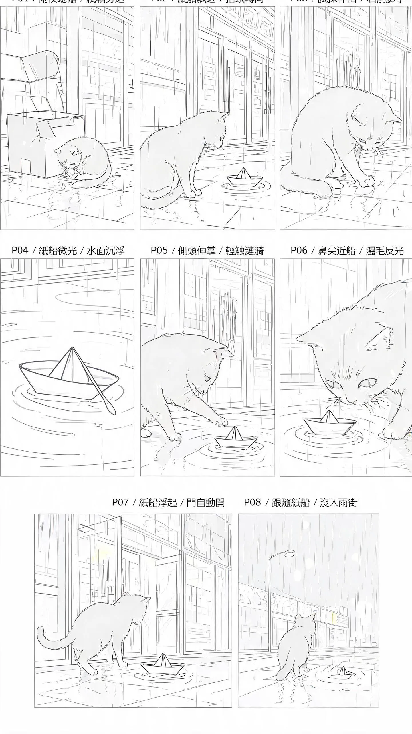 Portrait eight-panel storyboard showing the cat beside the ruined box, the boat approaching and glowing, the cat testing the water, the boat lifting and both subjects leaving for the rainy street.