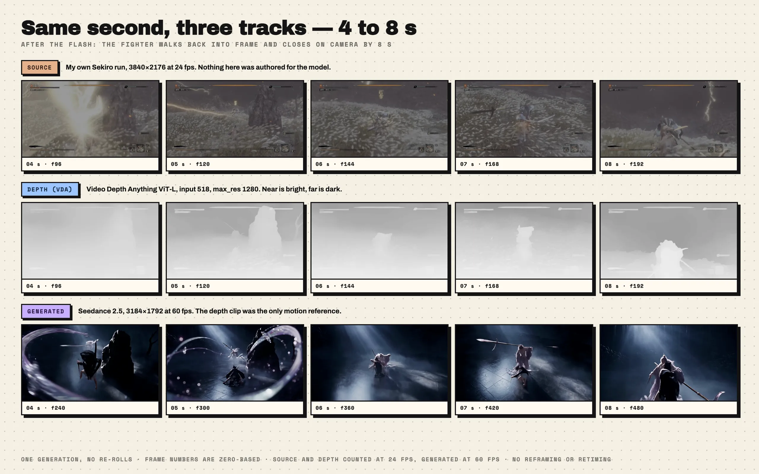 Seconds 4 to 8, three tracks: recording, depth video, generated output; at second 8 all three are a close shot on camera.