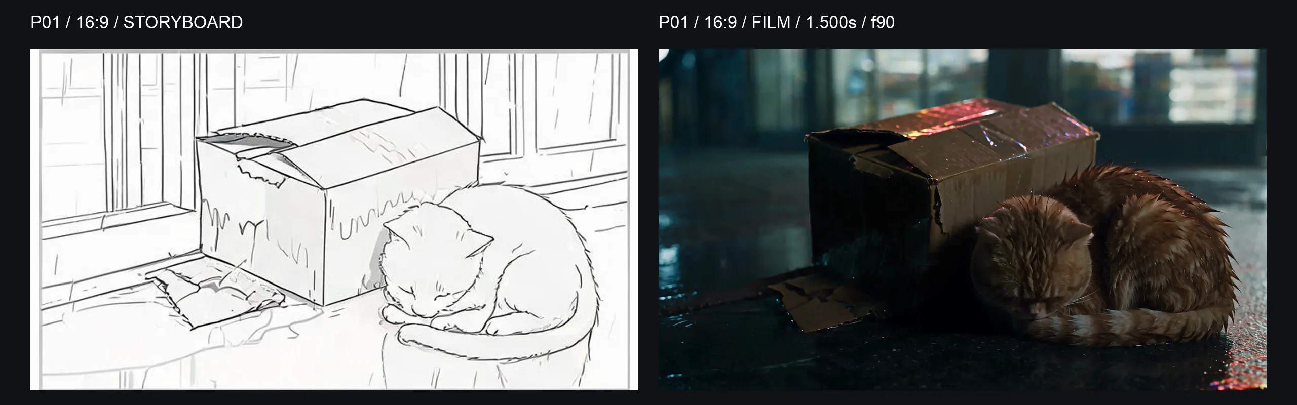 P01 16:9 side-by-side comparison: formal storyboard on the left and the representative final-film frame at 1.500 seconds on the right; the cat curls beside the ruined box.