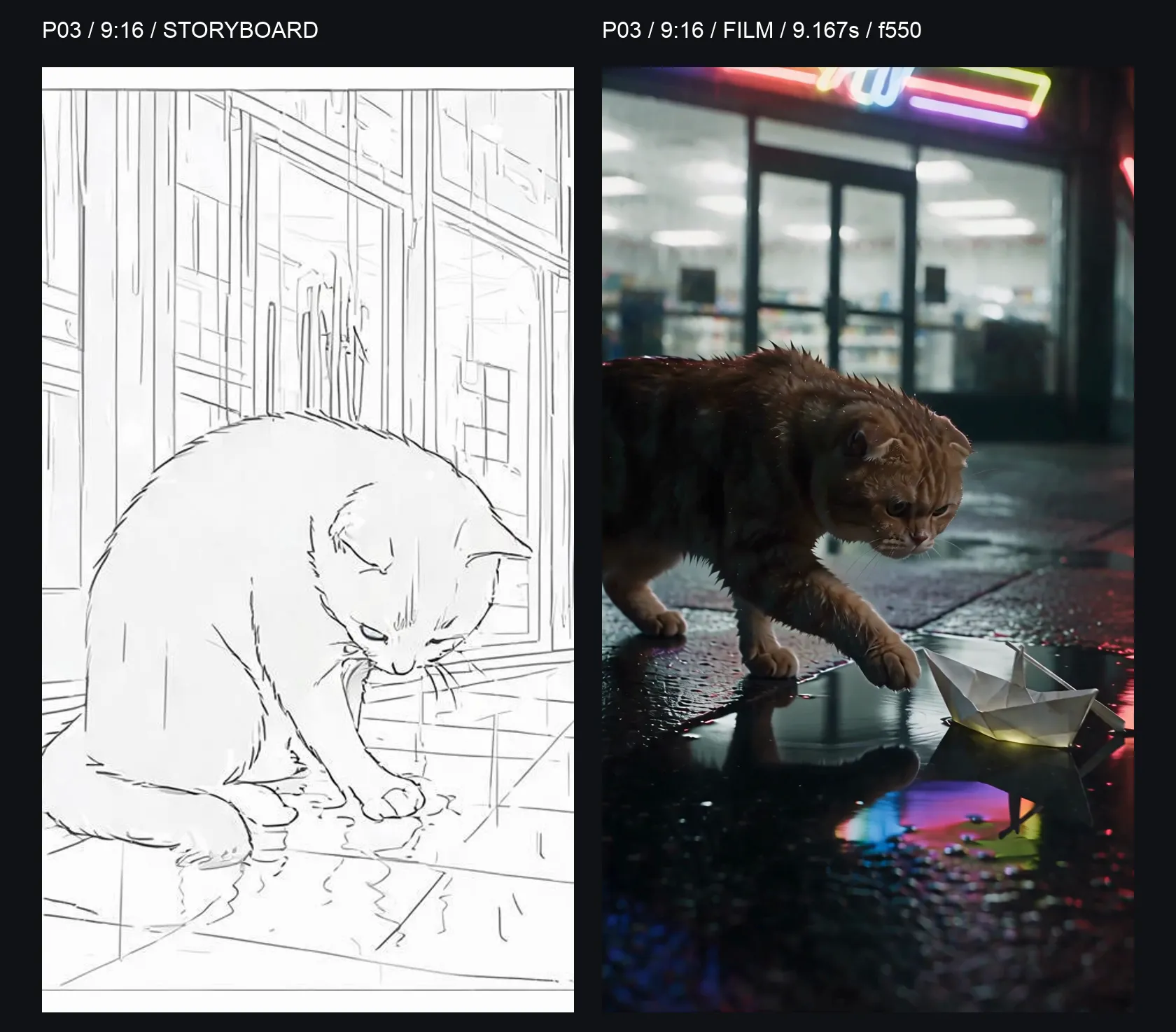 P03 9:16 side-by-side comparison: storyboard on the left and the final-film frame at 9.167 seconds on the right; the cat extends a forepaw toward the boat in the puddle.