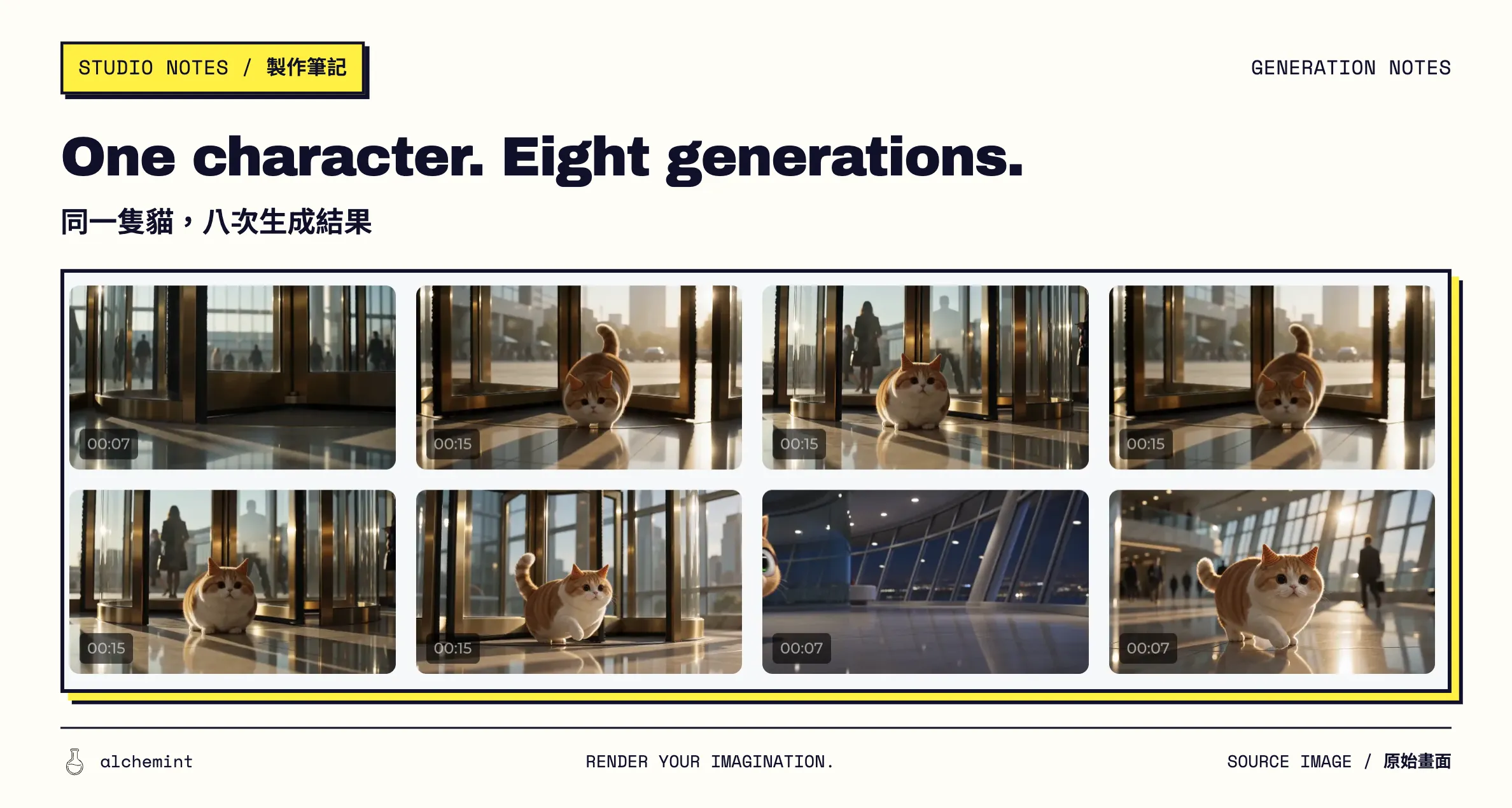 A grid of eight generated results: Meow-Tsui-Chiao-Meow in different versions of the revolving door and skyscraper lobby