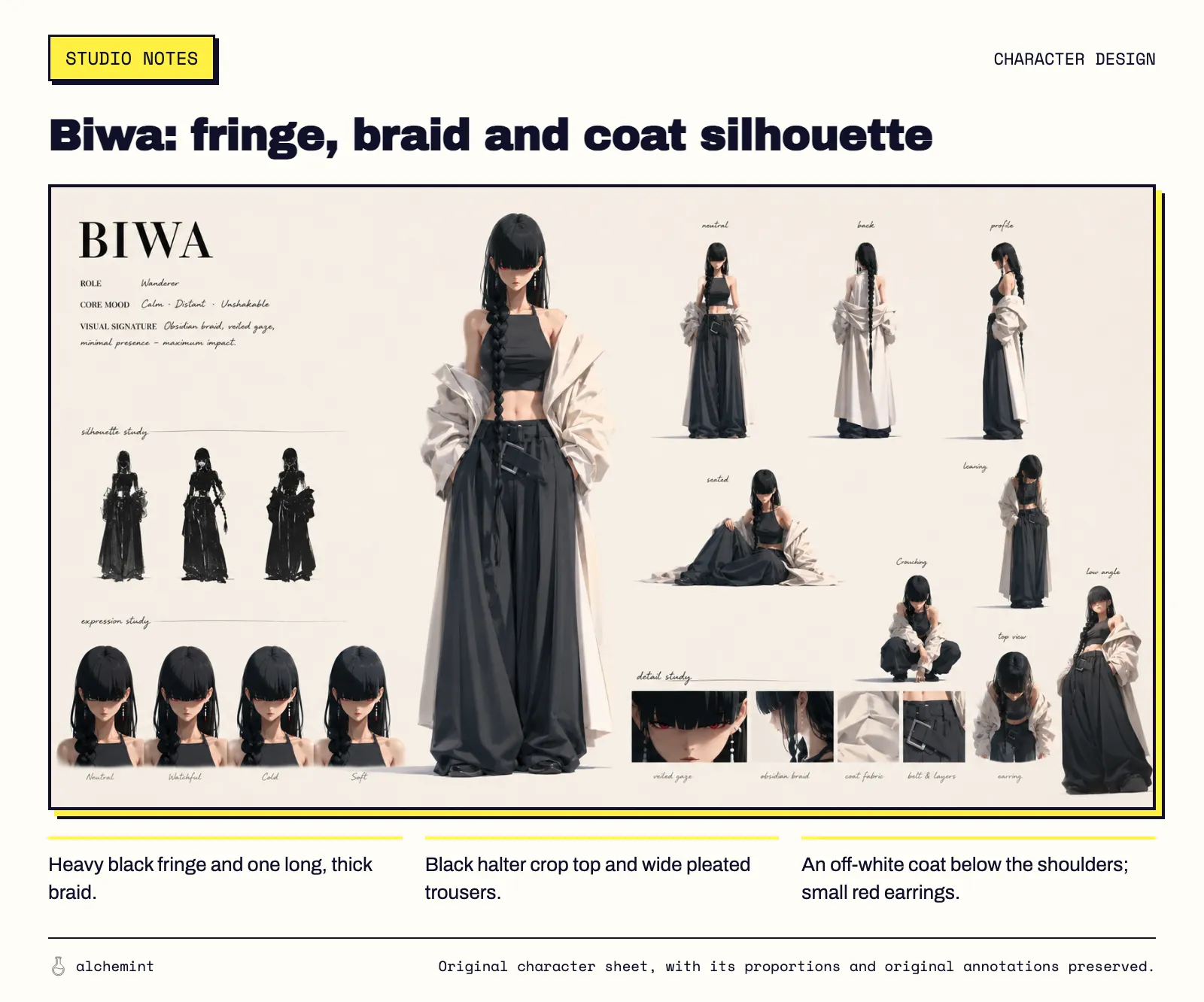 Biwa’s complete original character sheet: black halter top, wide pleated trousers, off-white coat, heavy fringe and long braid.