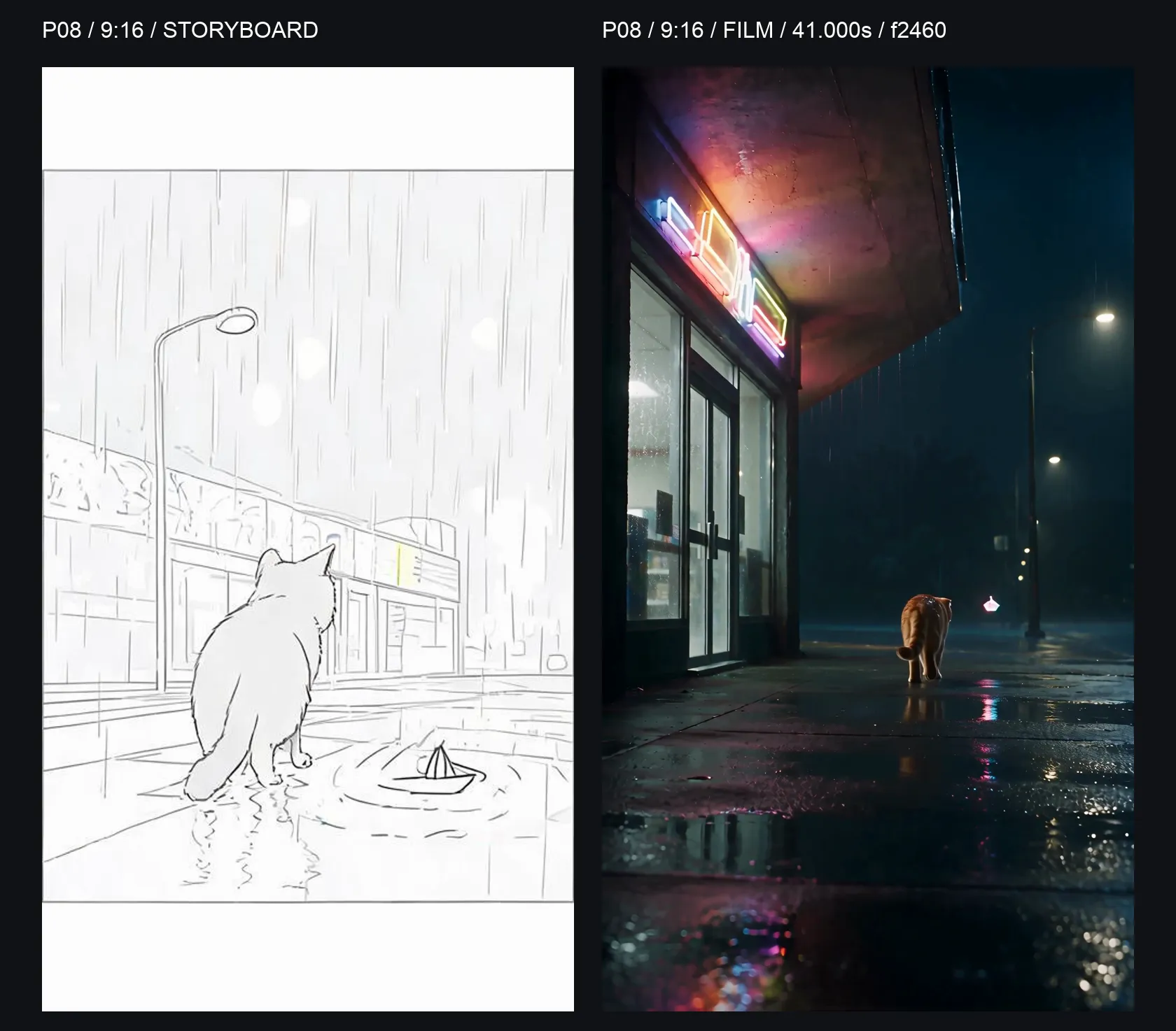 P08 9:16 comparison: storyboard on the left and final-film frame at 41.000 seconds on the right; cat and boat move down the rainy street beside the store.